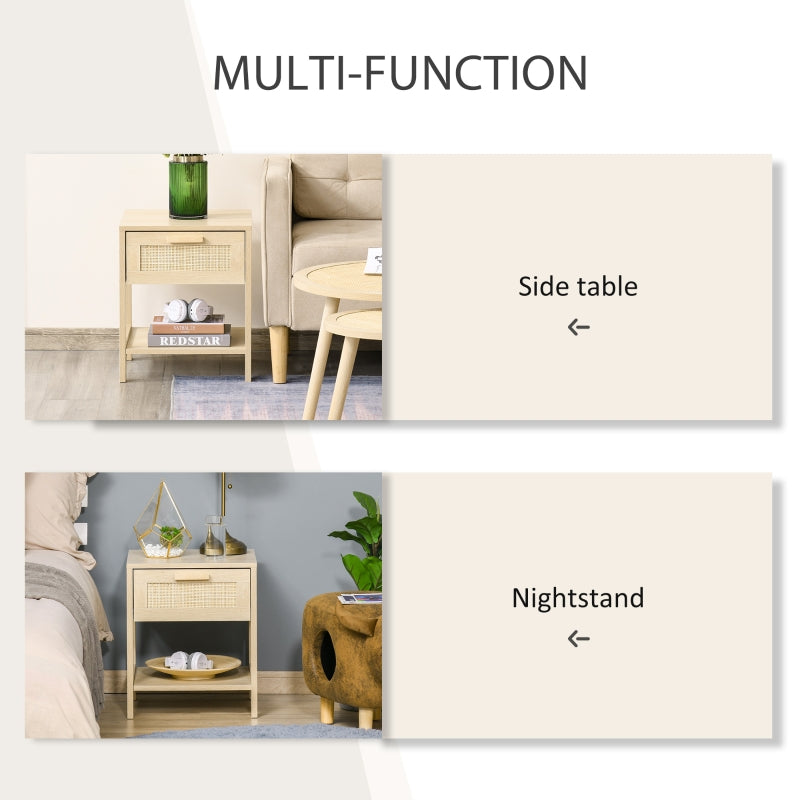 Nightstand Bedside Table Rattan Drawer Storage Shelf MDF