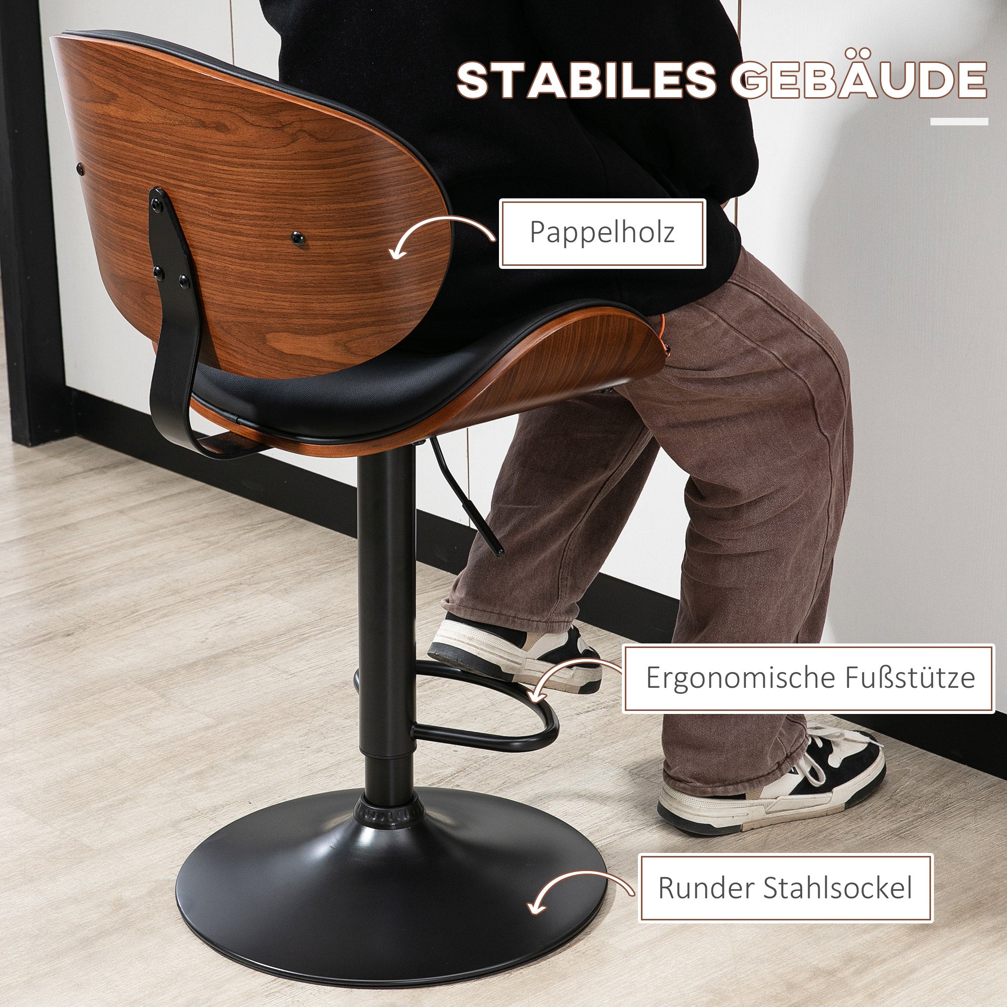 Bar Stools, Set of 2 Height-Adjustable Swivel with Footrests, Faux Leather Black