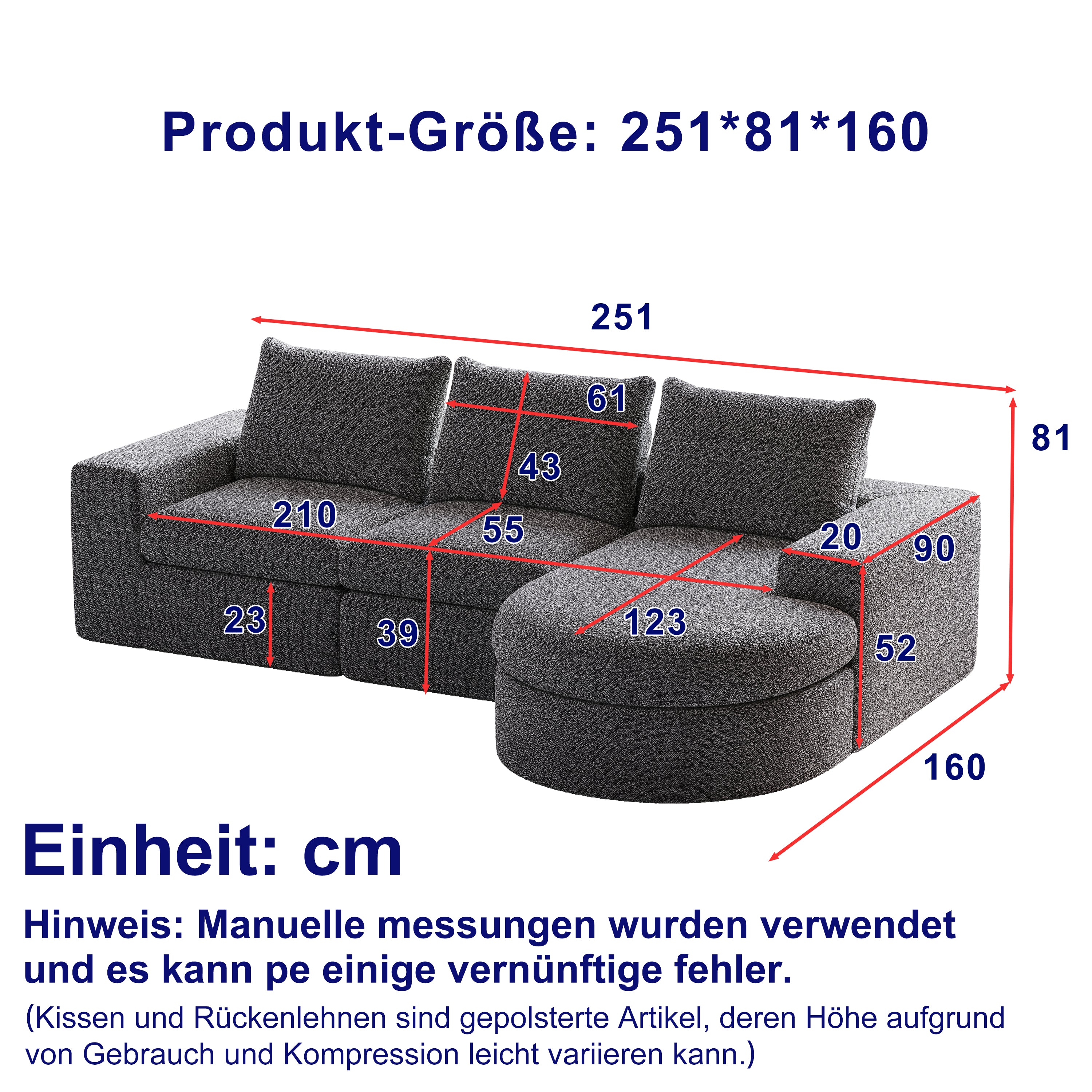 Chenille Sofa, Curved Modular L-Lounger, Foam Compressed