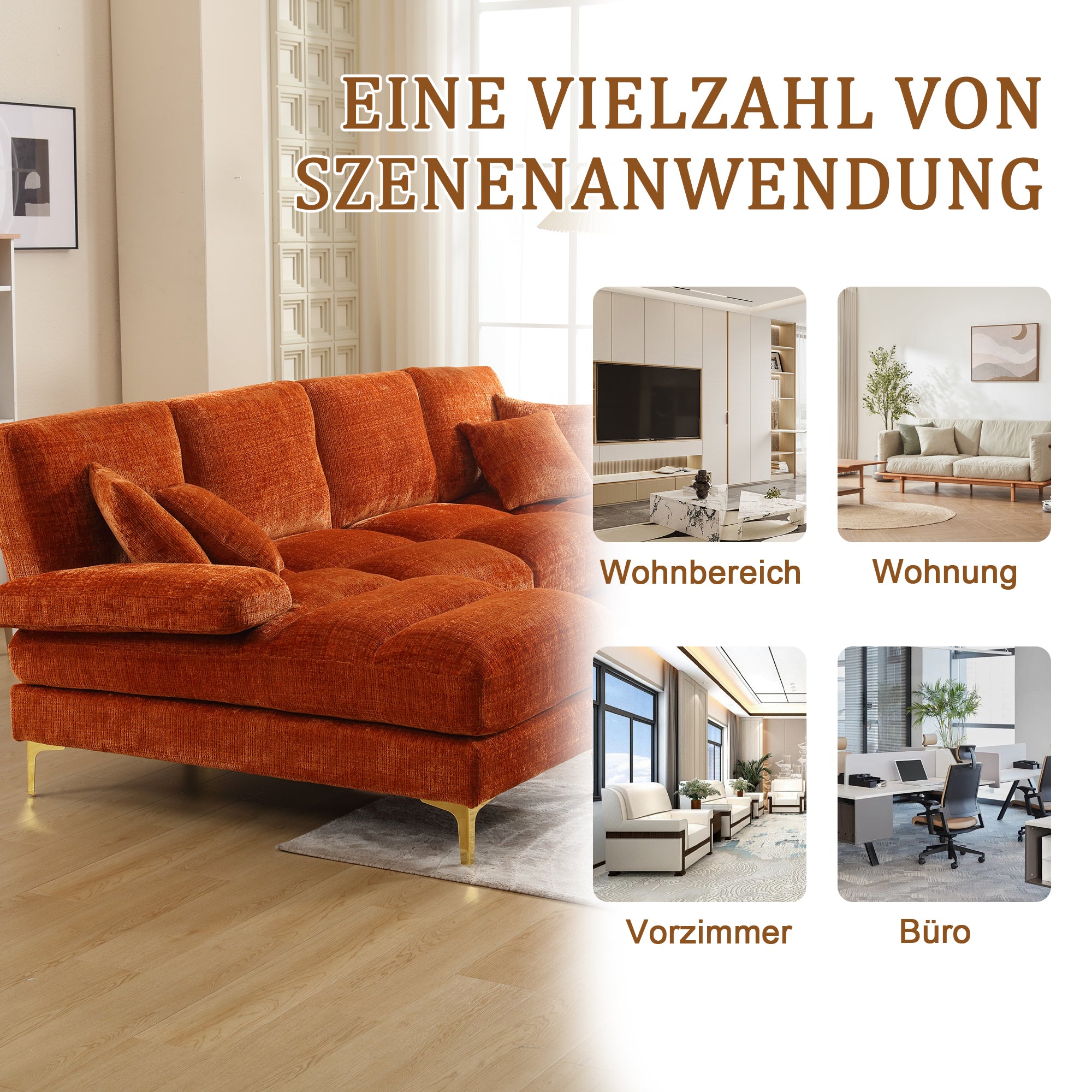 Sofa, Modern Large U-Shape Sectional with Double Reclining Seats, Chenille Orange