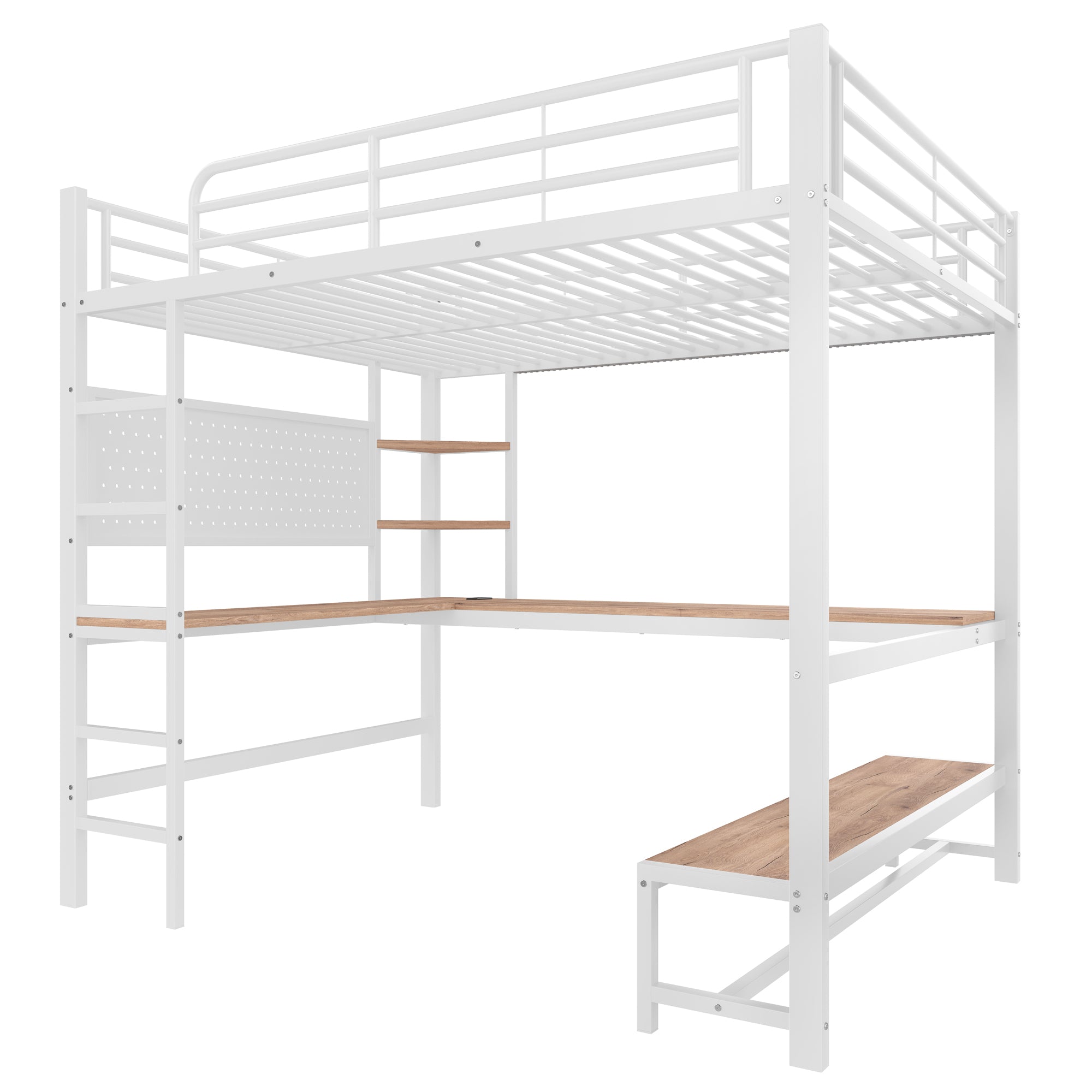 Loft Bed 140x200cm Desk Storage LED USB/Type-C Pegboard - White Iron Frame
