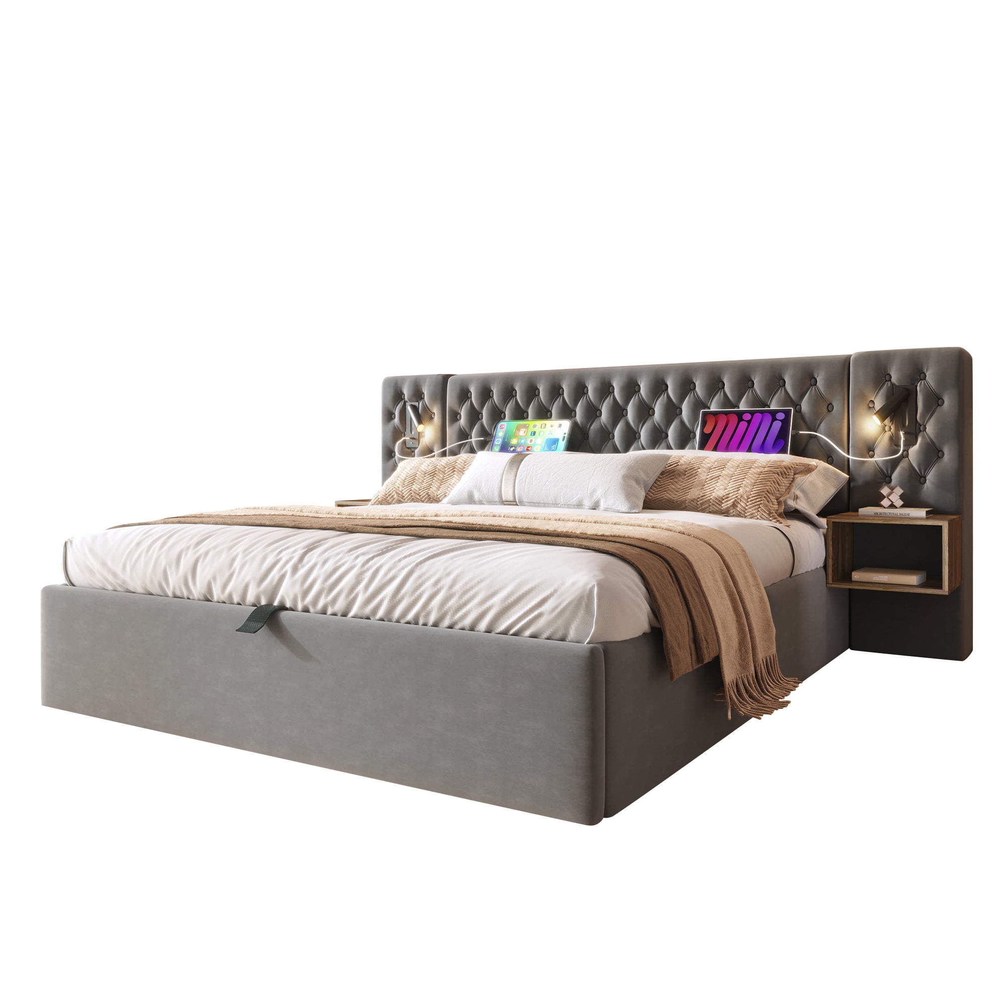 Bedroom Set, Upholstered Hydraulic Storage Double Bed 160x200cm with 2 Bedside Tables, Headboard Reading Light & USB, Gray Velvet