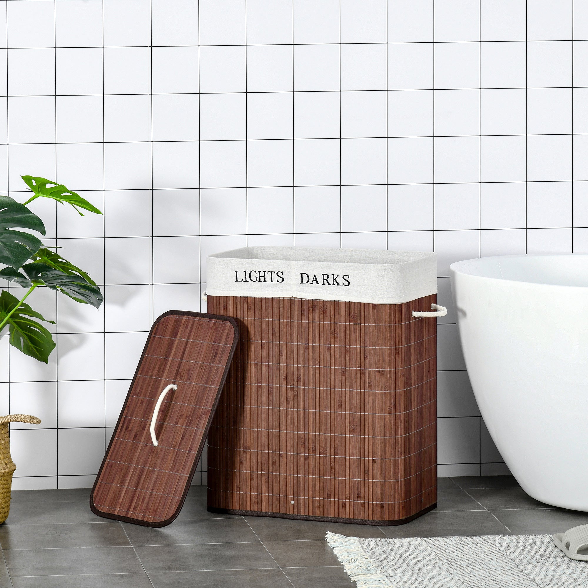 Laundry Basket Hamper 100L 3 Handles Washable Bag, Bamboo Cotton Metal Brown+White