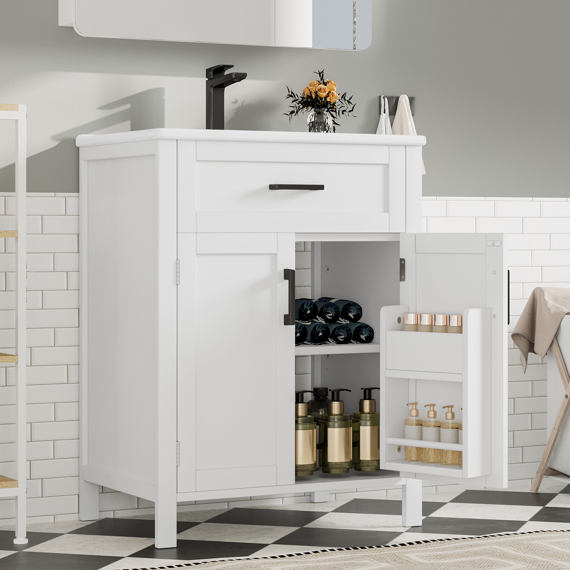 Bathroom Vanity Unit with Ceramic Sink and Adjustable Shelves, White