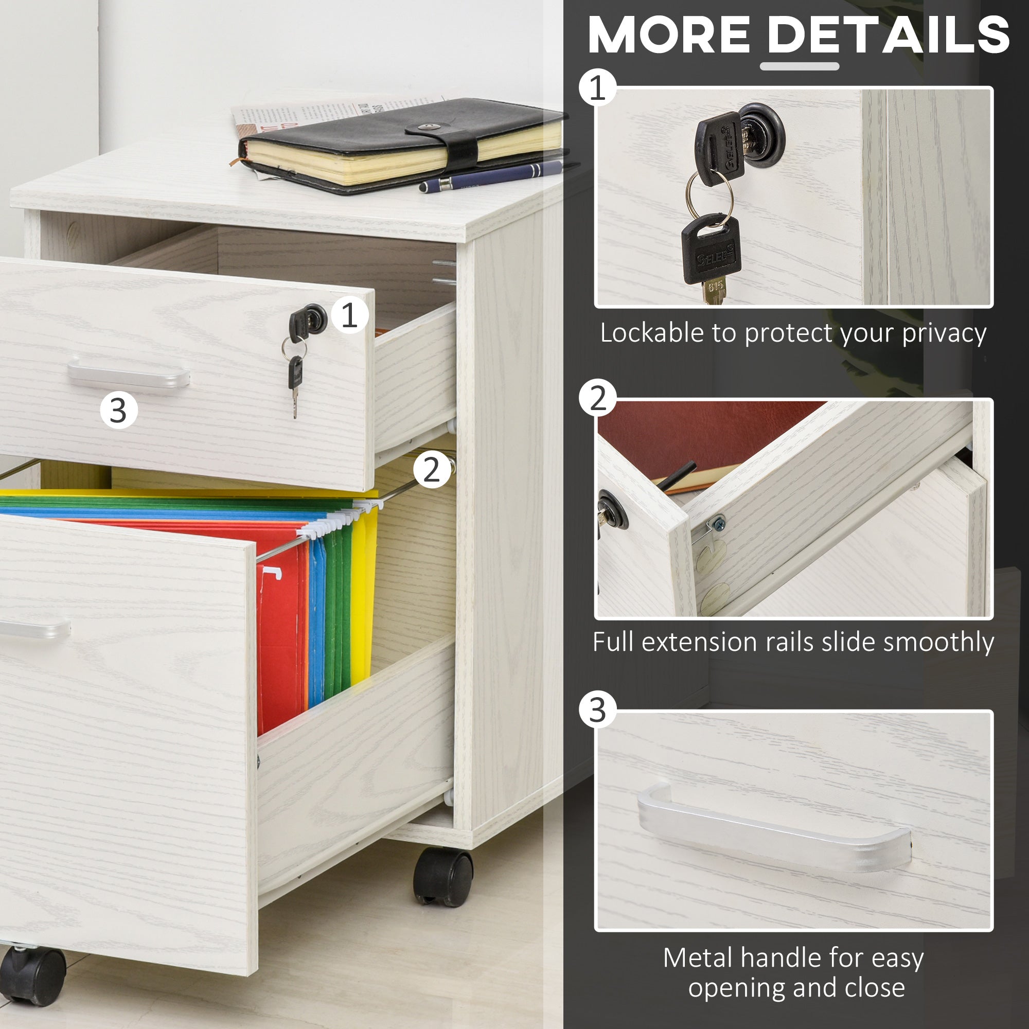 2-Drawer Filing Cabinet Rolling Storage A4 Hanging White Wood Grain