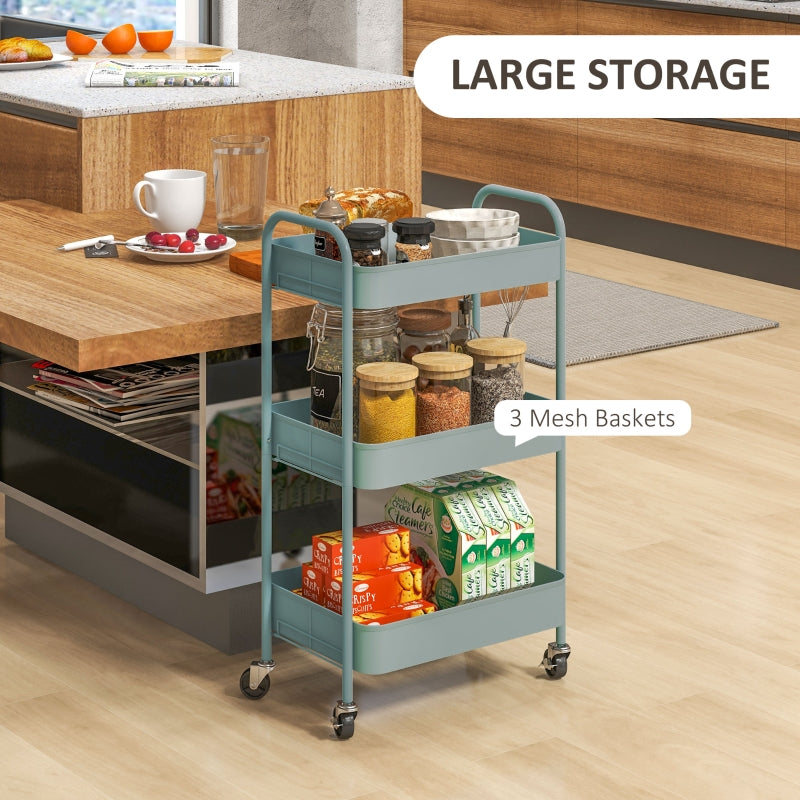Three-Tier Storage Trolley, Multi-Purpose Rolling Cart, Steel, Light Blue