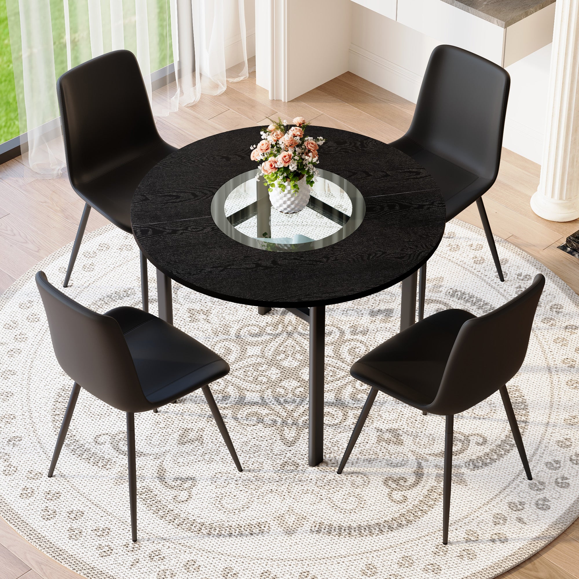 Minimalist Round Table Set, 4 Armchairs, 100 cm Diameter, Black PU and Wood Look