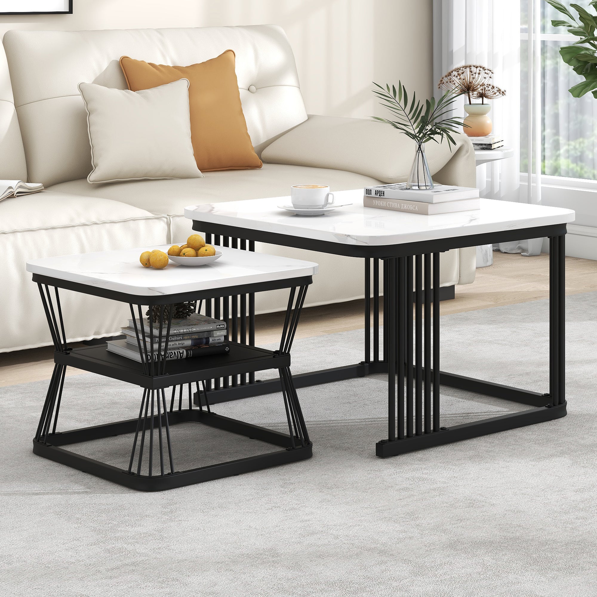 Set of 2 Modern Side Tables Marble Look Steel Frame - White/Black