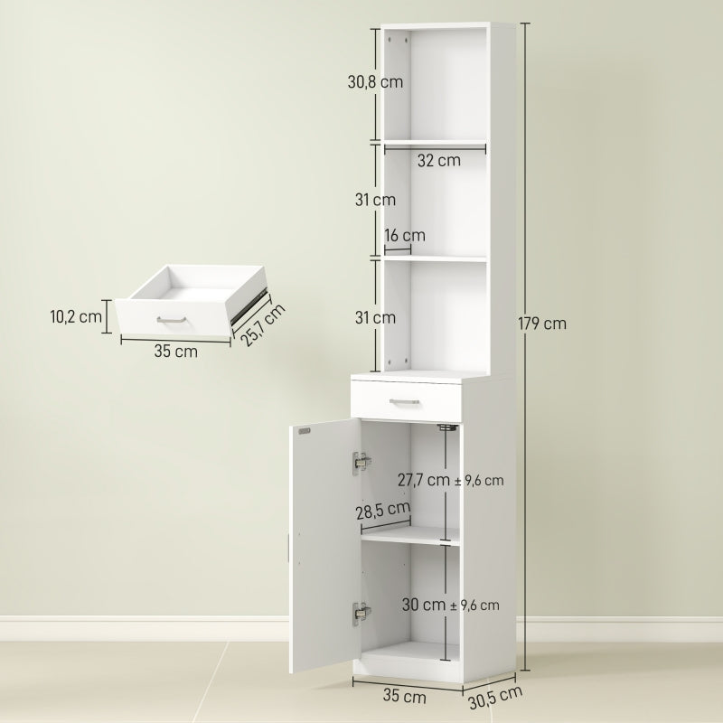 Tall Bathroom Cabinet, Drawer Door Adjustable Shelves, White