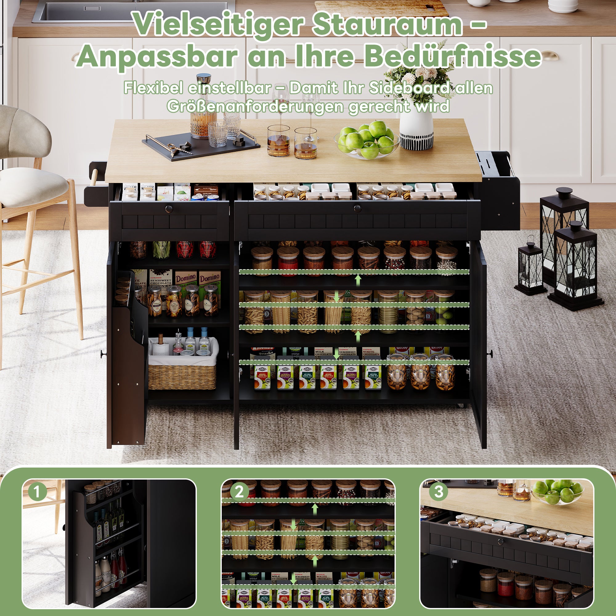 Kitchen Island Cabinet with Fold-Down Worktop, 6 Rolling Casters & Storage Drawers, Black