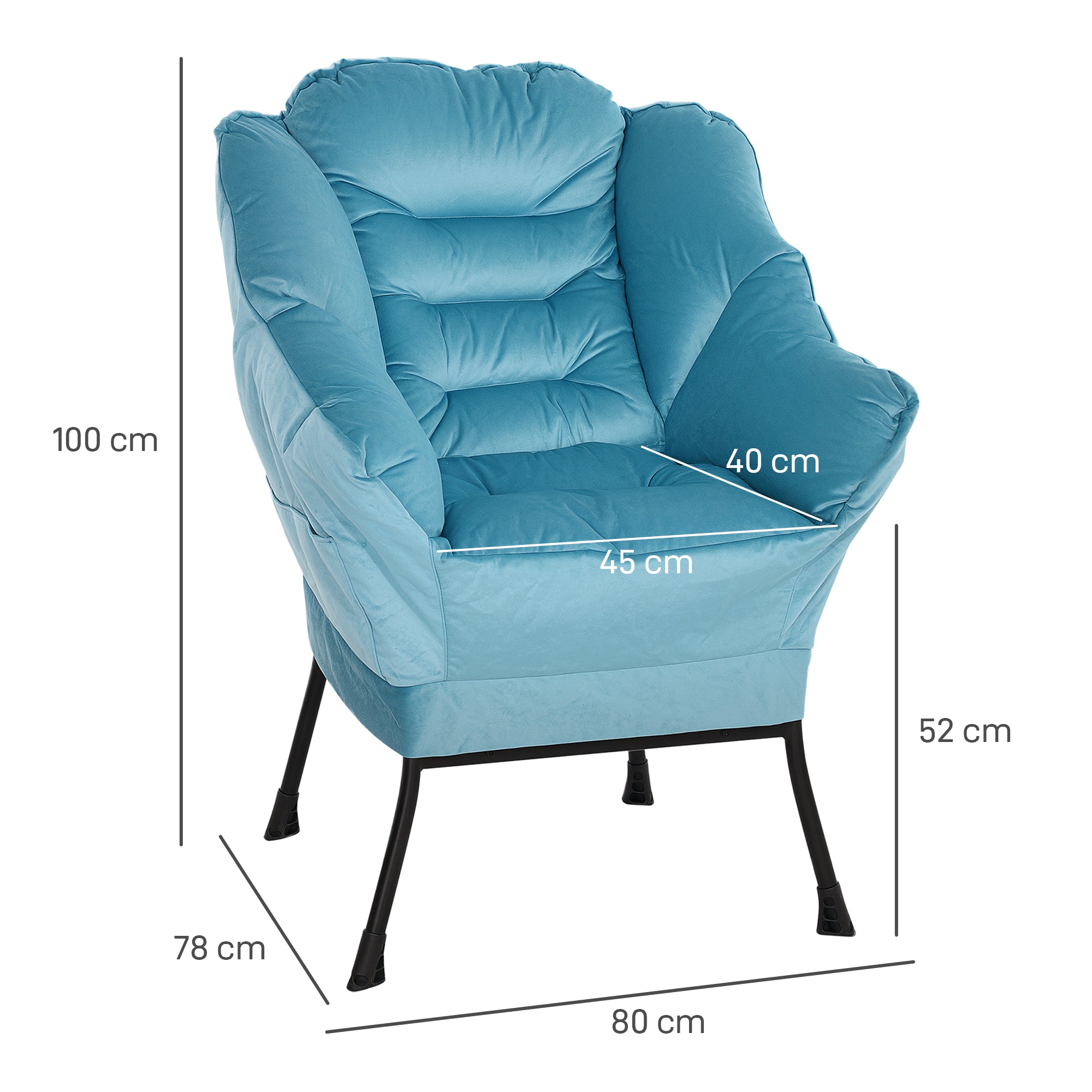 Armchair Lounge Chair, Side Pocket, Steel Legs, Blue