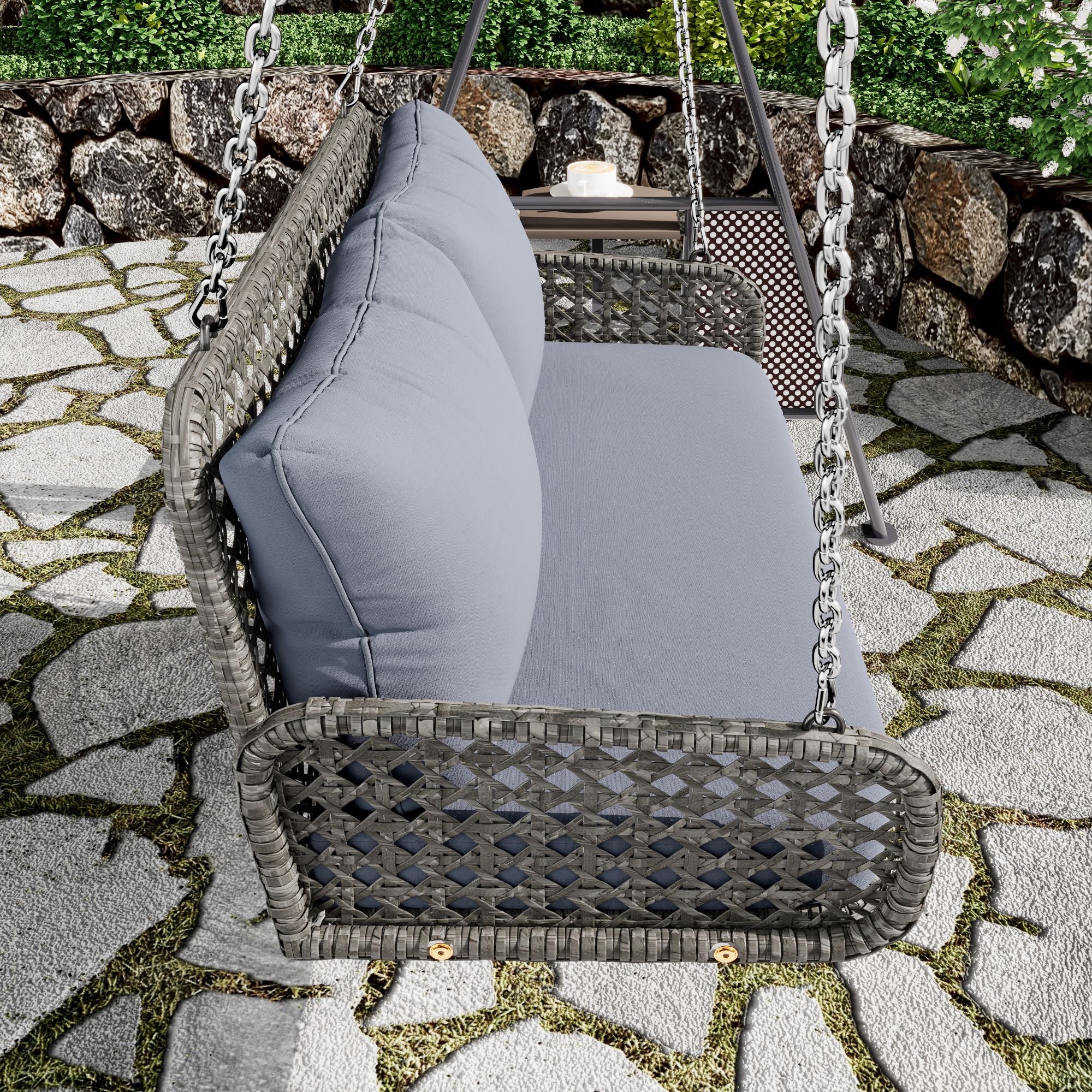PE Rattan Double Swing Seat with Cushions and Chains, Grey