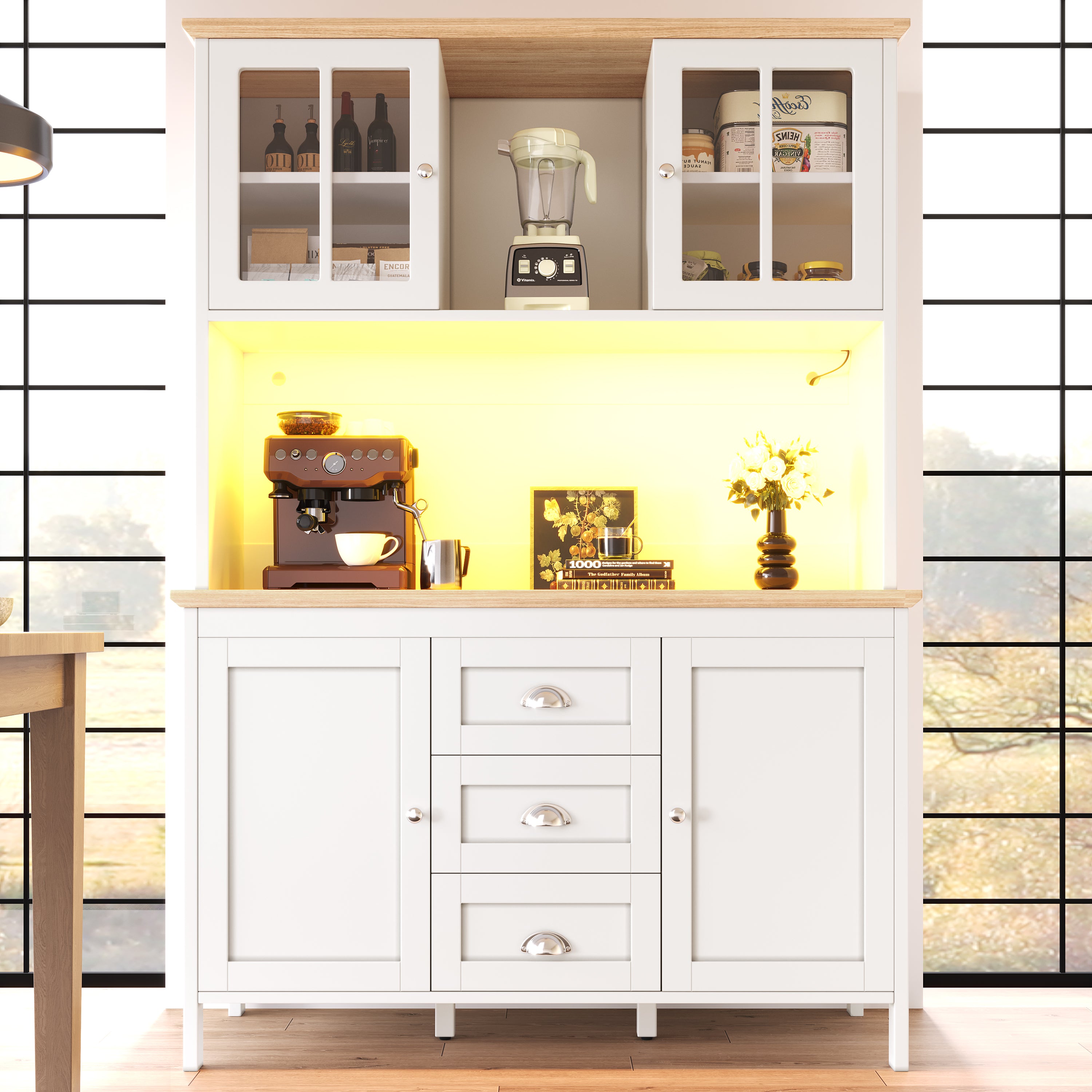 Tall Sideboard Cabinet with LED Lighting and 3 Drawers, White and Black