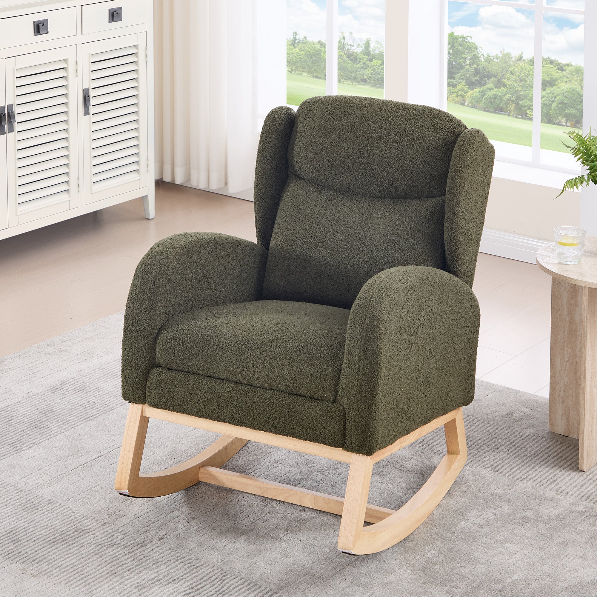 049B Rocking Chair, Nursing Lounge Chair with Adjustable Footrest, High Back, Teddy Fabric, Green