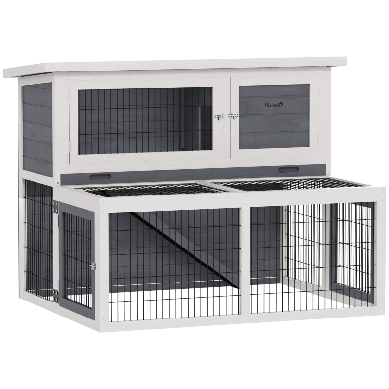 Rabbit Hutch, 2 Levels Foldable Roof Winterproof Solid Wood, Gray