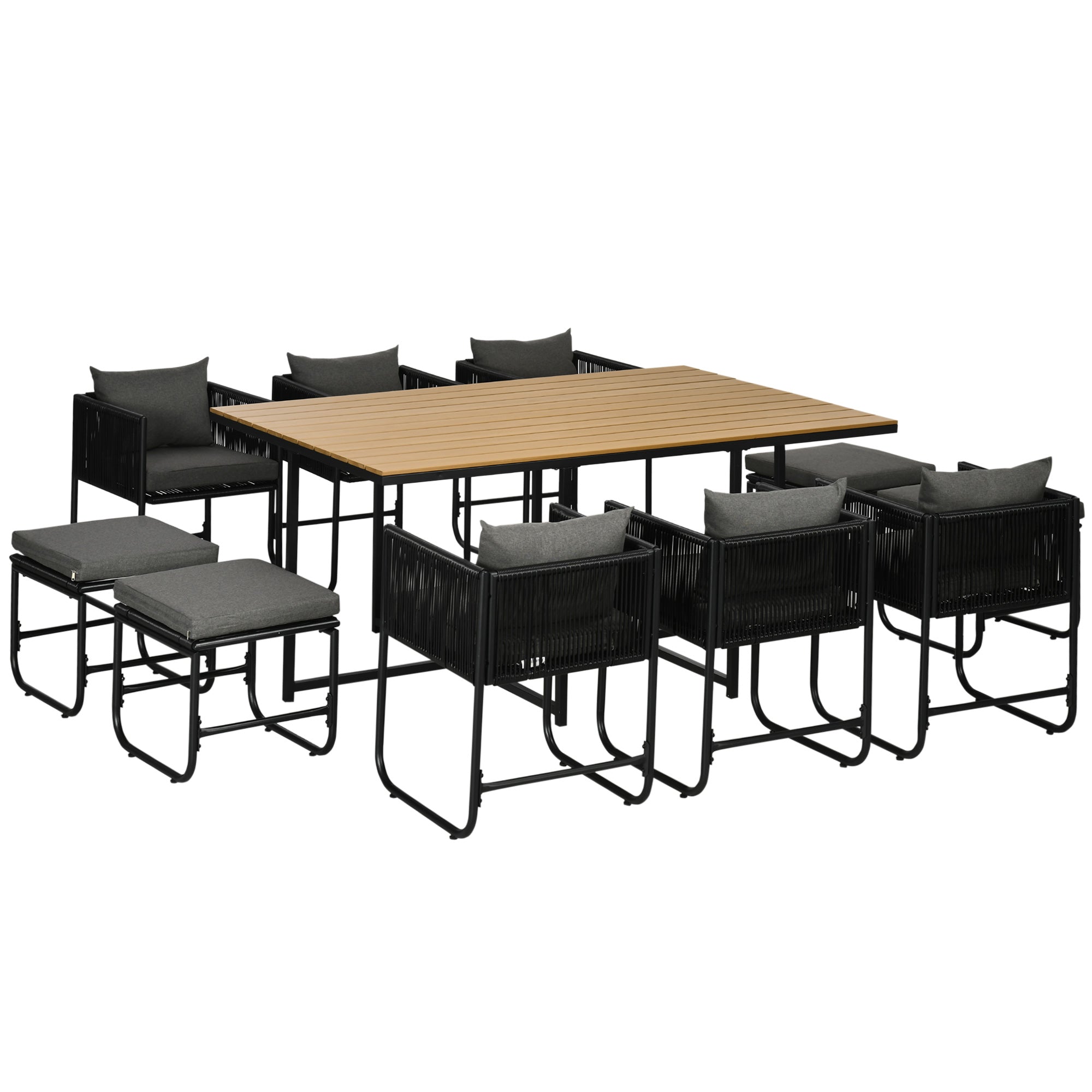 10 Seater Rattan Cube Garden Dining Set with Armchairs, Stools, Wood Grain Plastic Table, Black