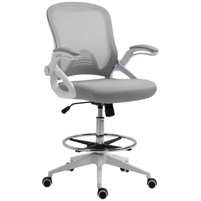 Vinsetto Office Chair, Ergonomic Desk with Folding Armrests, Adjustable Footrest, Swivel, Mesh Light Grey