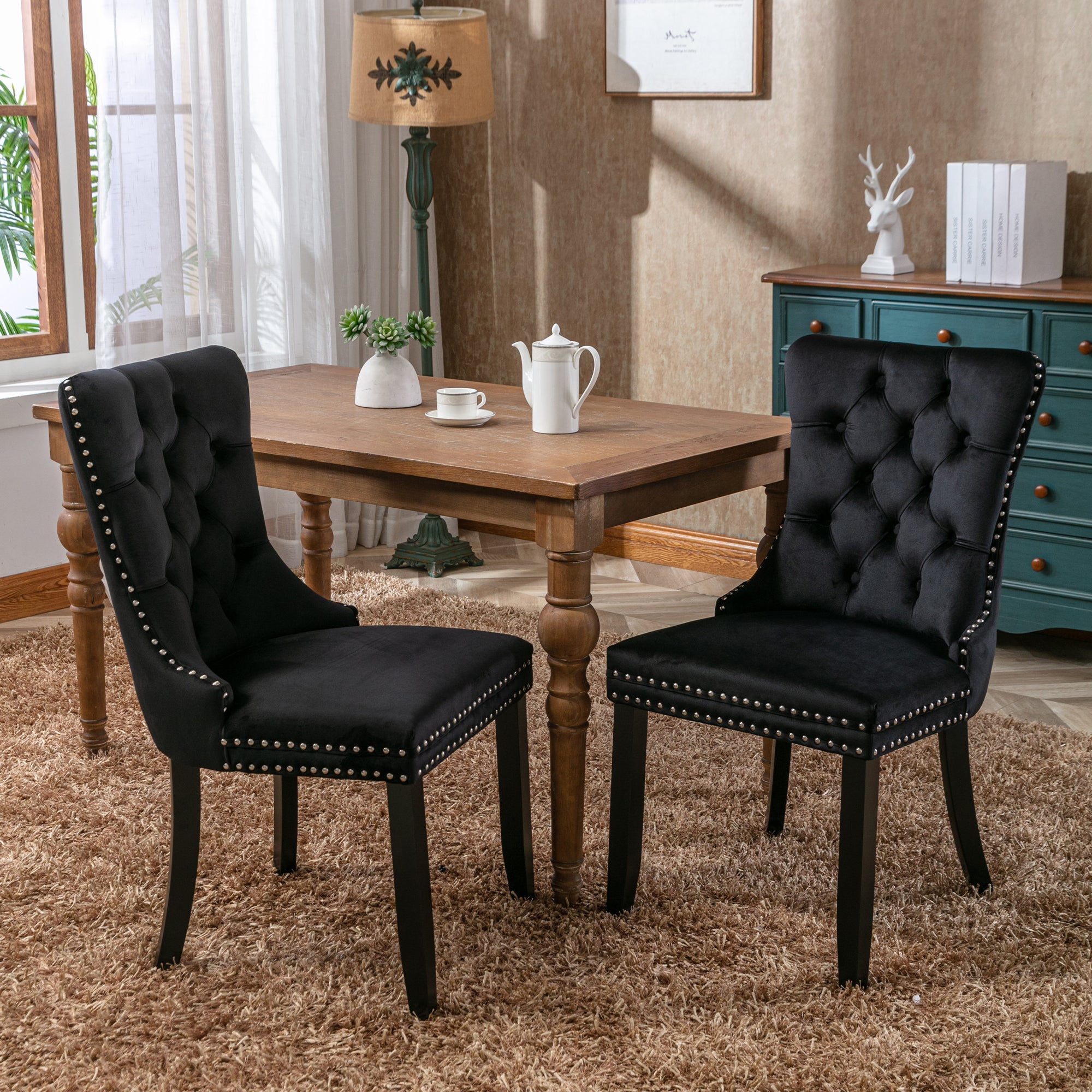 Upholstered Velvet Dining Chairs, Button Tufted with Solid Wood Legs, Riveted Trim & Knocker Ring, Set of 6, Black