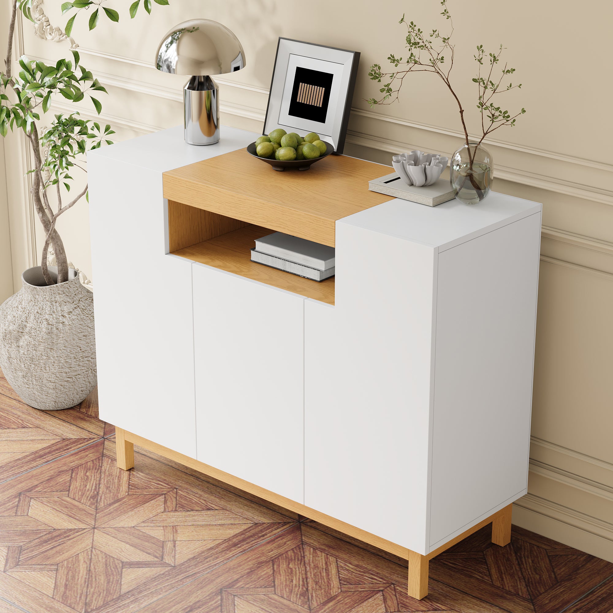 Sideboard, 3-Door Multifunctional Storage Cabinet for Living & Dining, White