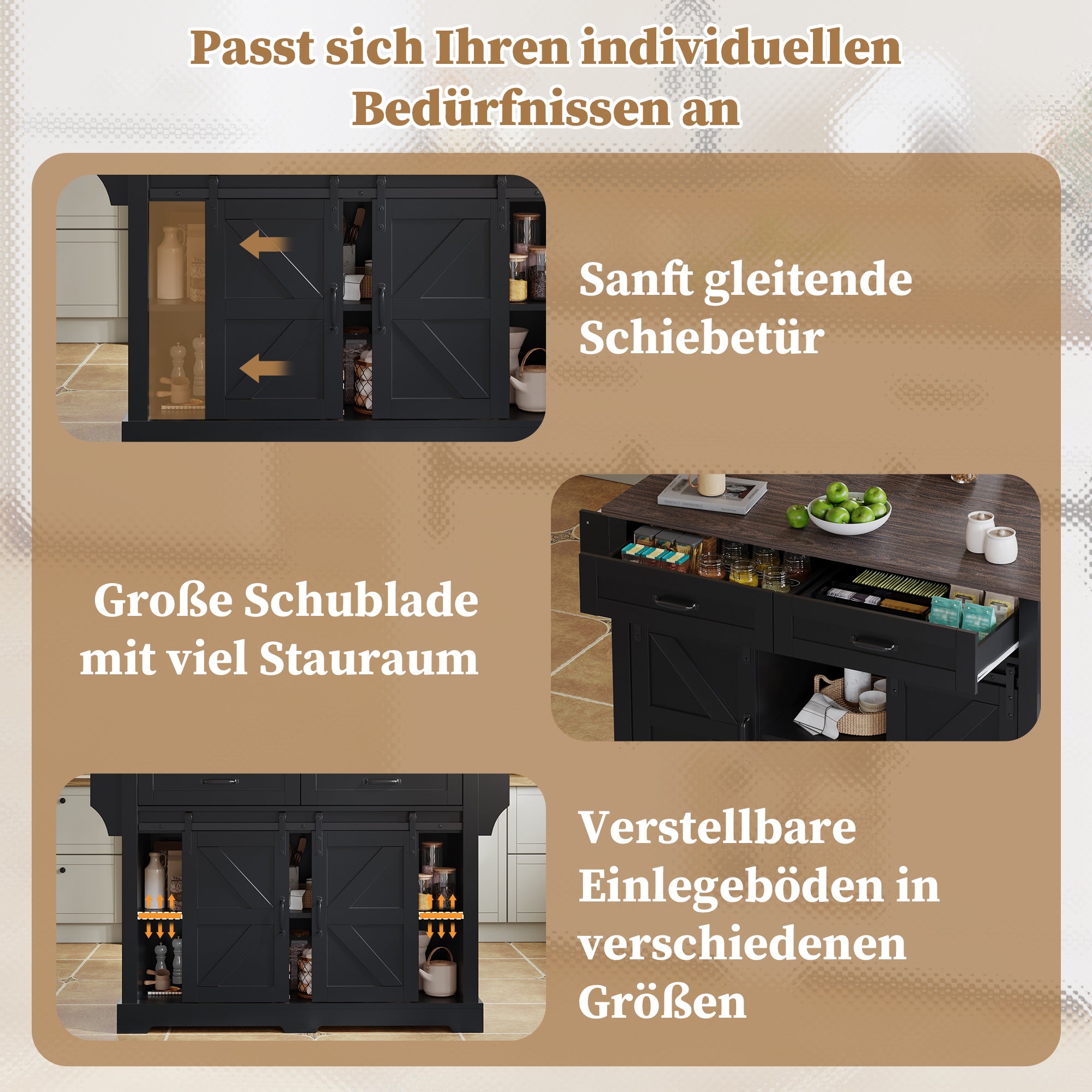 Kitchen Island with Fold-Down Worktop and Sliding Barn Doors, Black