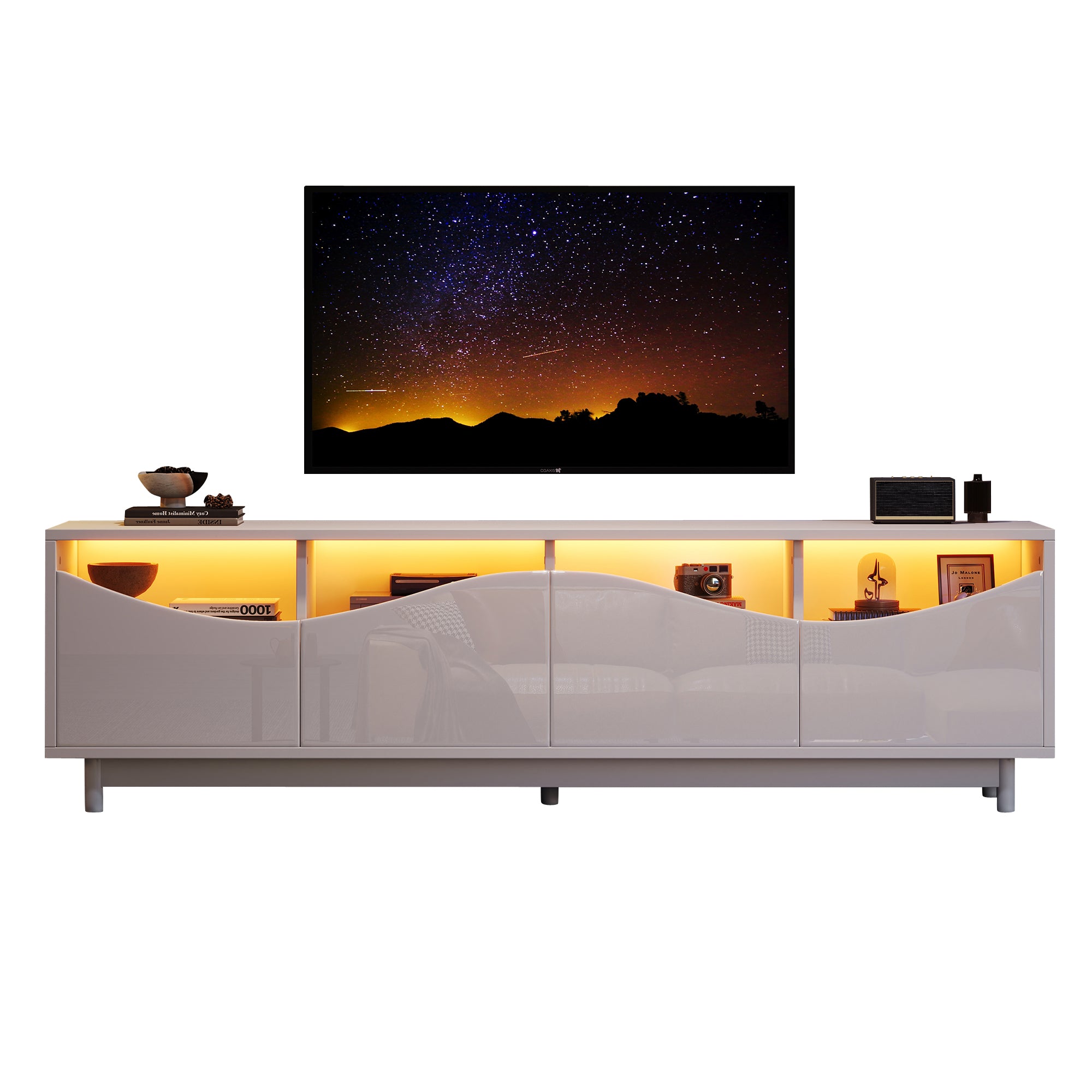TV Cabinet, Curved High-Gloss with Tempered Glass Door & LED Lighting, White