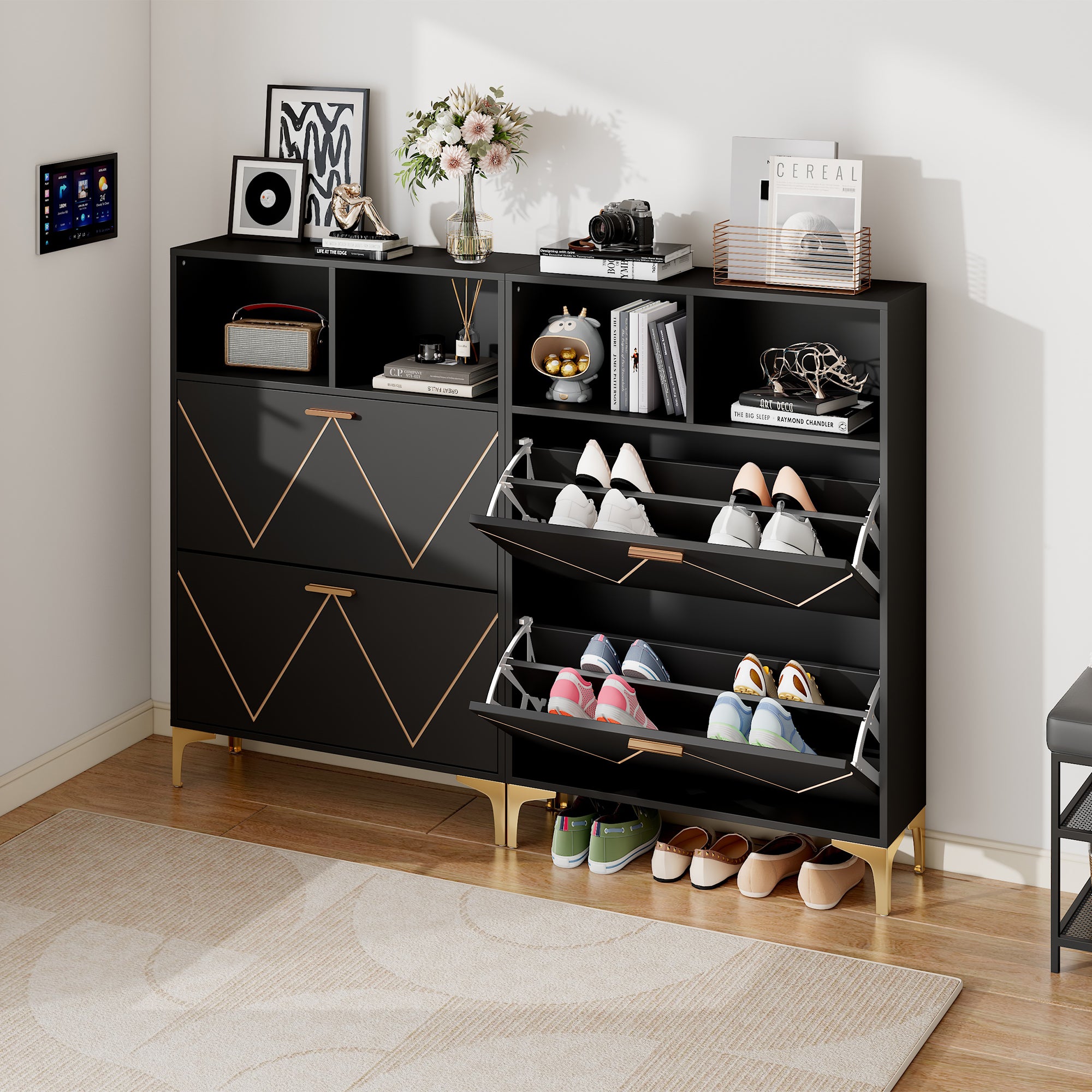 Shoe Cabinet with 4 Drop-Down Doors, 8 Compartments, 4 Semi-Open Shelves, Raised Legs, MDF + Metal