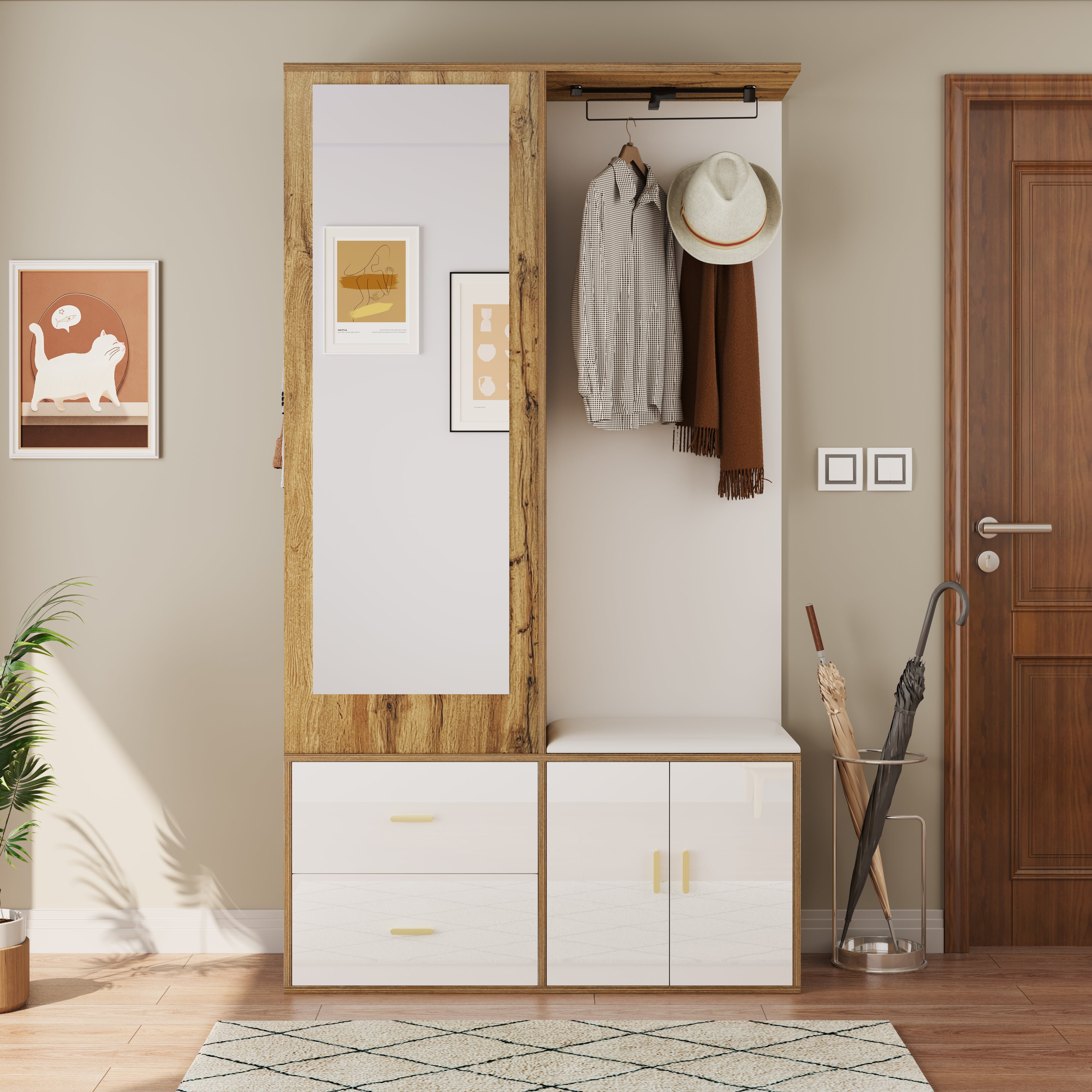 Wardrobe Set with Mirror, Shoe Cabinet & Bench, White and Wood