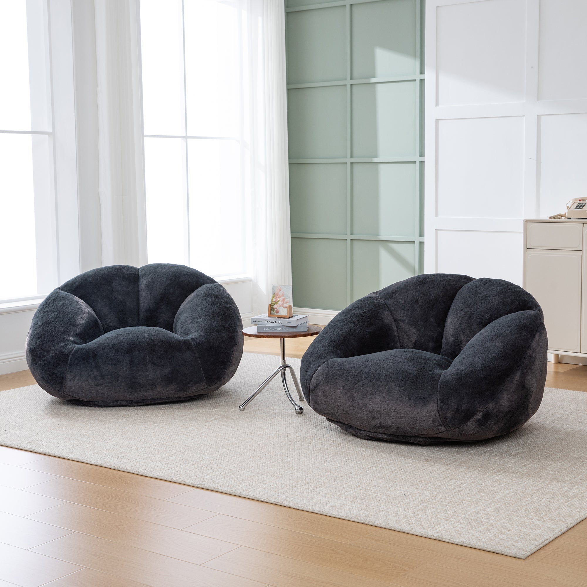 Soft Plush Beanbag Sofa with Non-Slip Base and Memory Foam, Faux Rabbit Fur