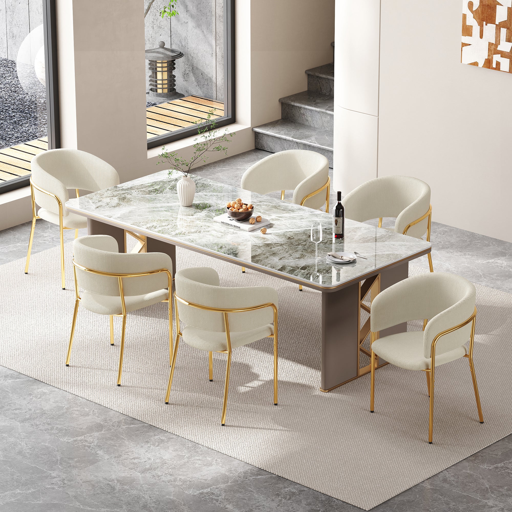 6 Modern Chairs, Angled Legs & Adjustable Feet, Corduroy Fabric Beige