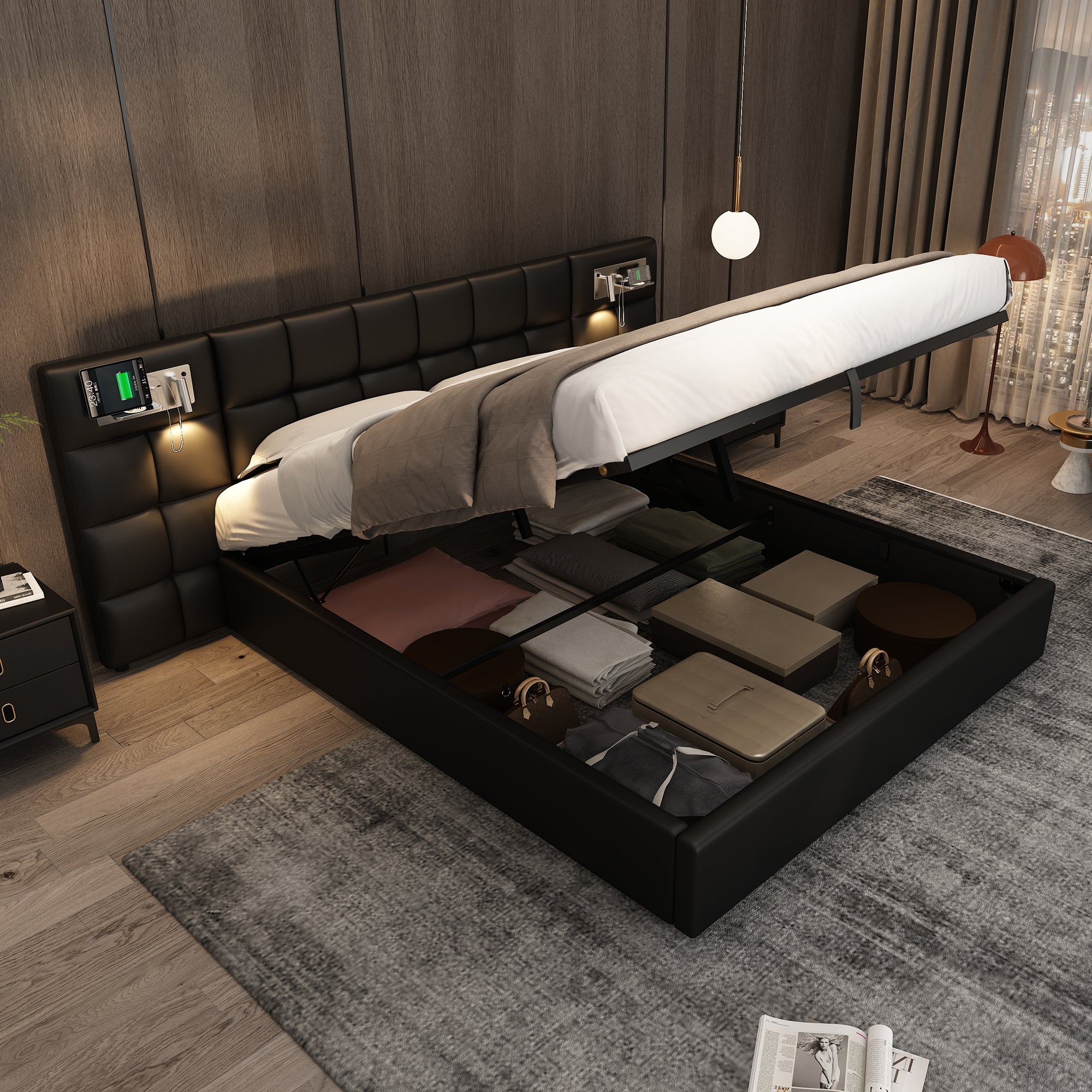 Upholstered Bed 180x200cm Hydraulic Storage USB/Wireless Charging LED Lamp - PU Black