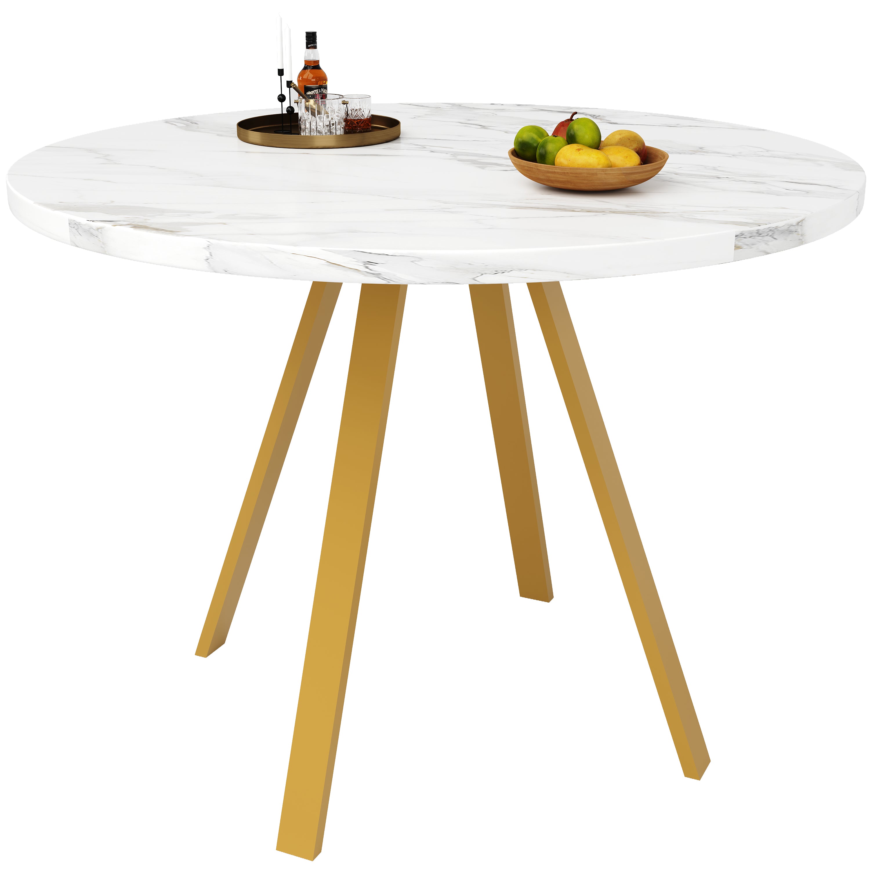 Round Dining Table 80x80x75cm 4-Seater Metal Legs - White Marble/Gold