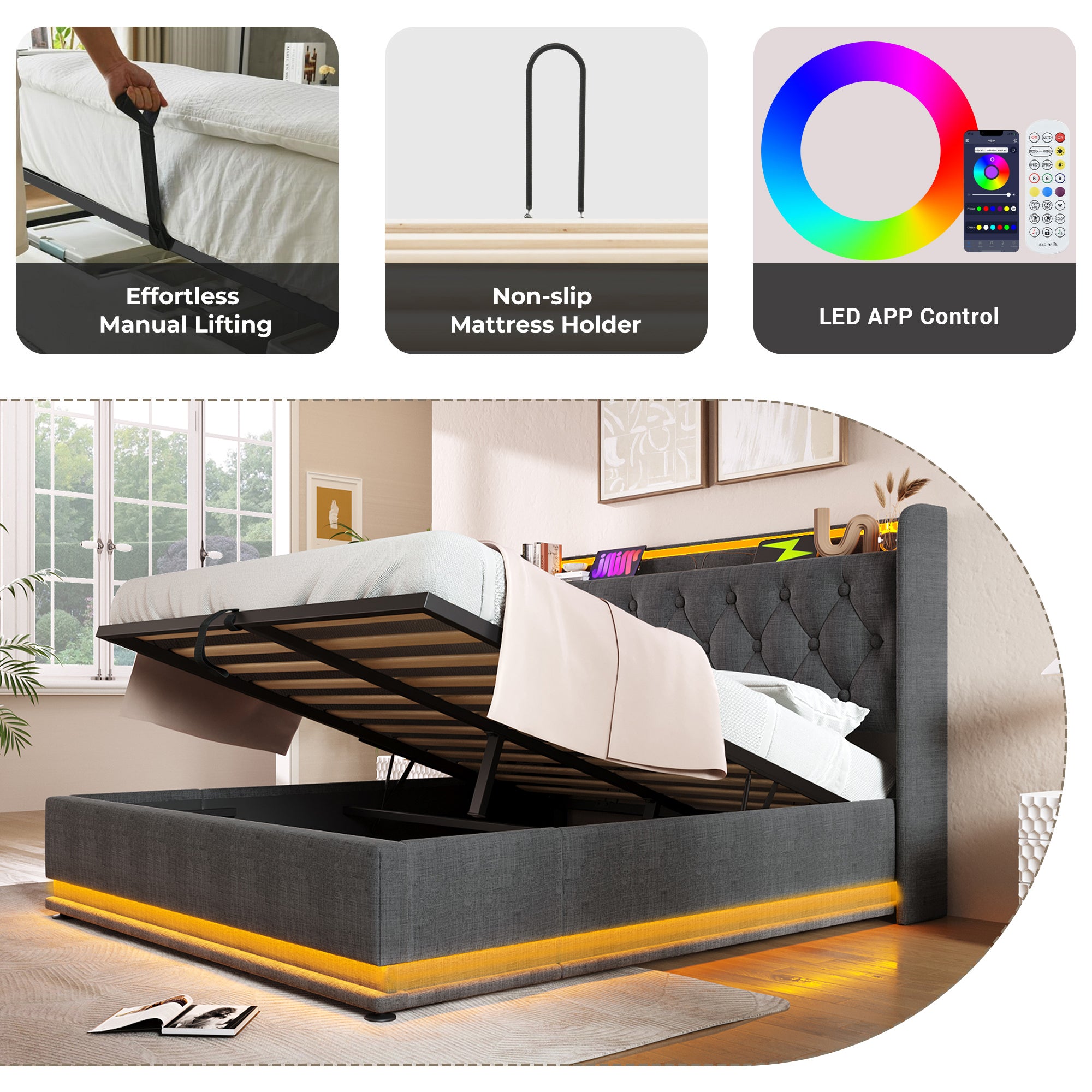 Upholstered King Ottoman Bed with 360 Surround LED Function, Hydraulic Storage, Charging Function, Linen Grey