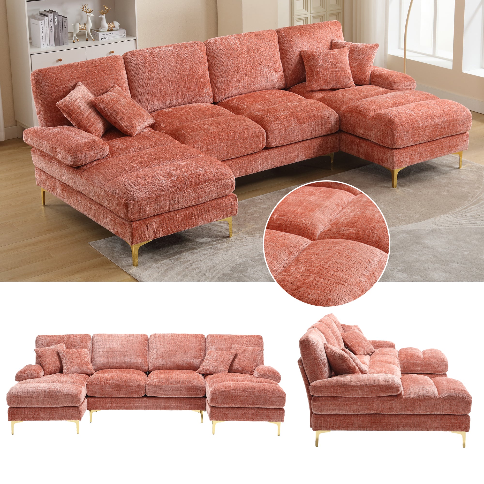 U-Shape Sectional Sofa, Large Double Reclining Seats, Chenille Pink