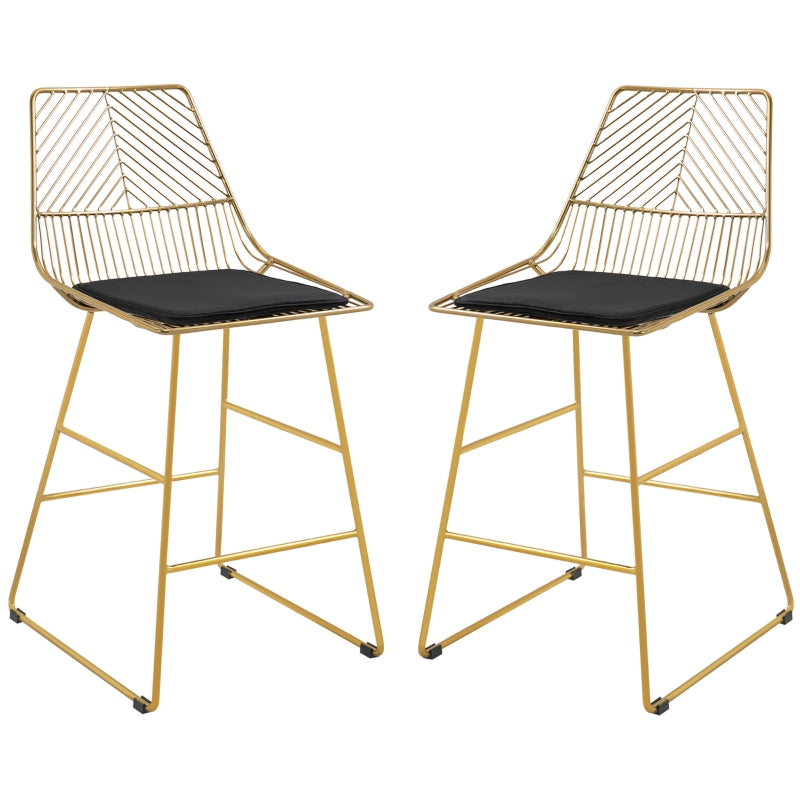 Set of 2 Bar Stools, Modern Counter Height Chairs, Wire Metal Frame, Gold