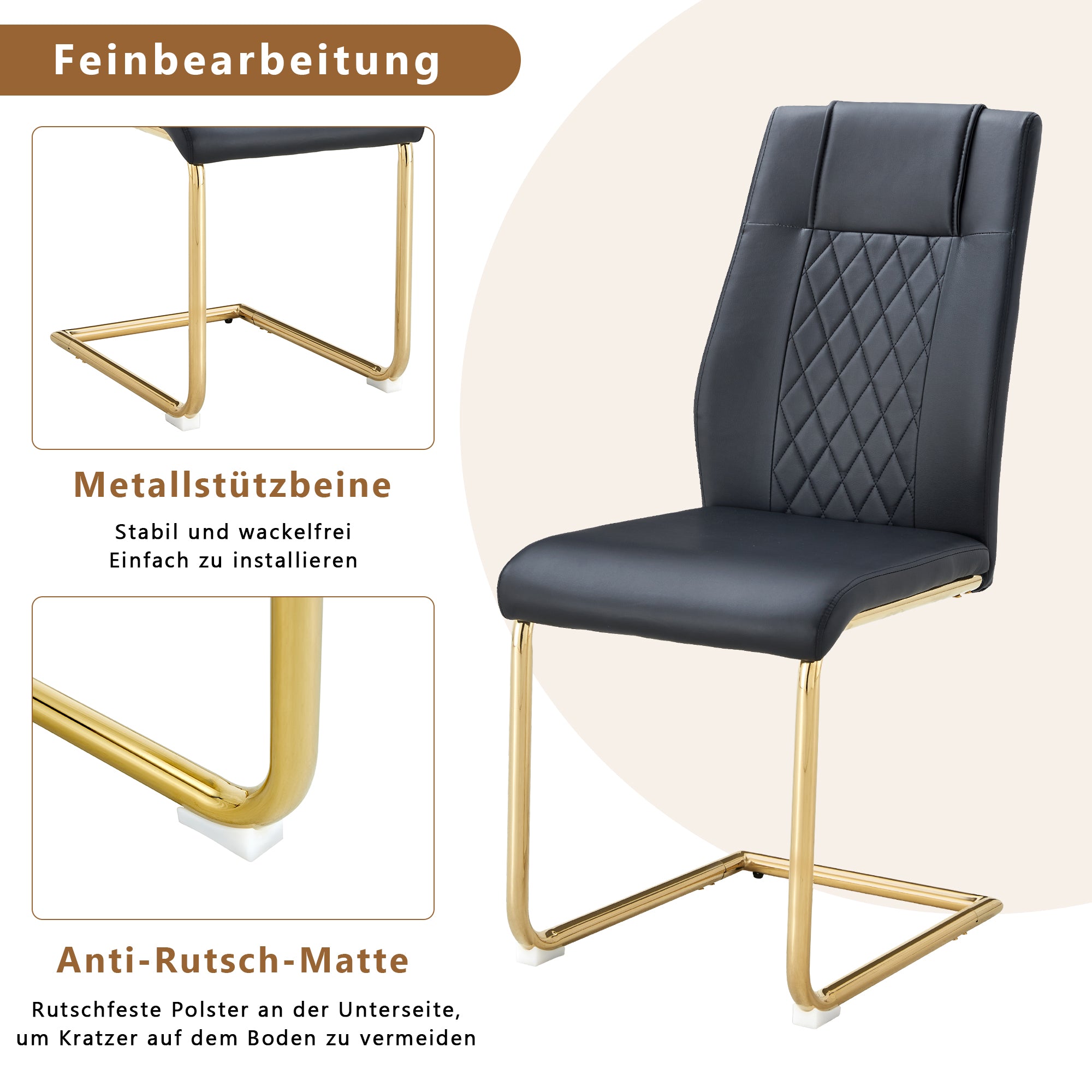 Scandinavian Dining Chairs, Mesh Backrest, Gold Metal Legs, Black PU Leather