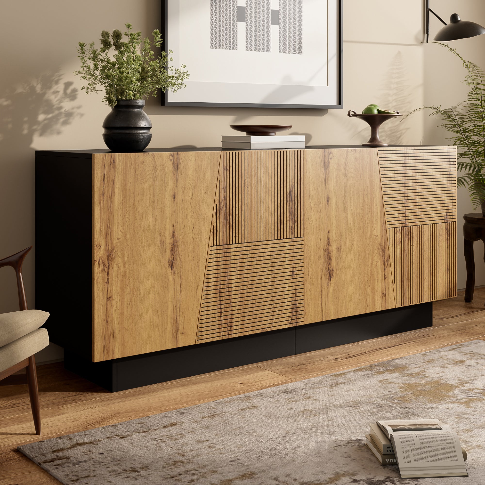 Sideboard 160cm, Ample Storage Geometric Design, Adjustable Shelf, Modern Finish