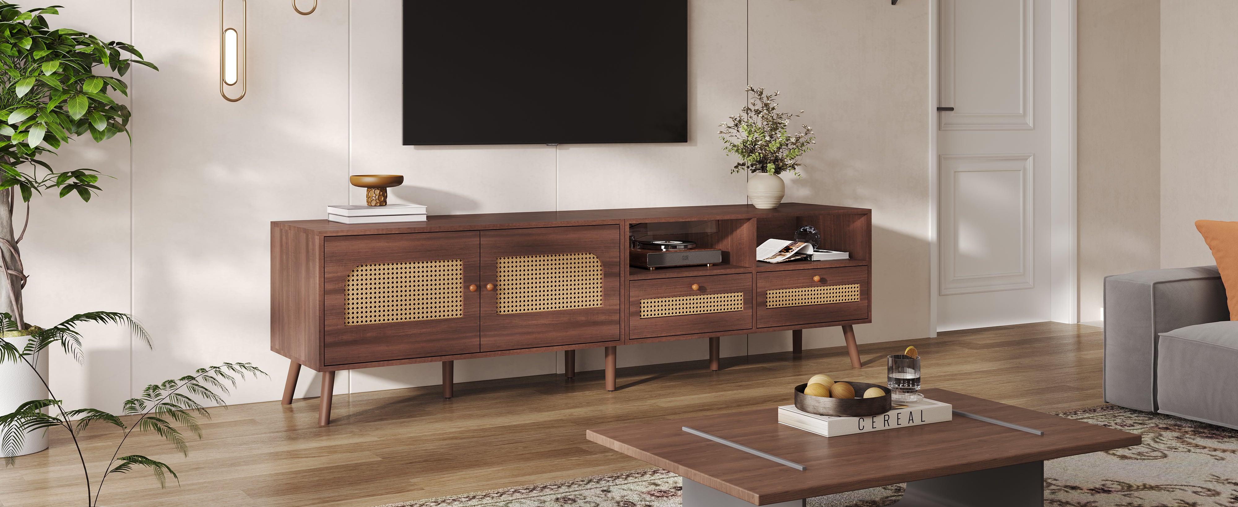 TV Cabinet, 80-inch with Rattan Doors & Drawers, Brown