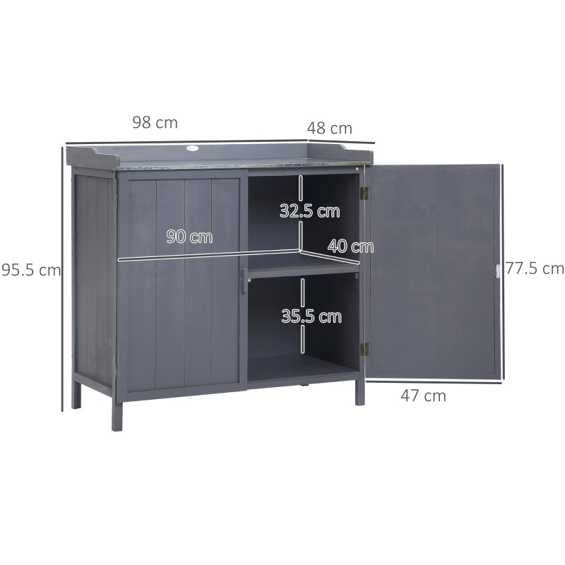 Garden Storage Cabinet Potting Bench with Galvanized Top and Two Shelves, Grey