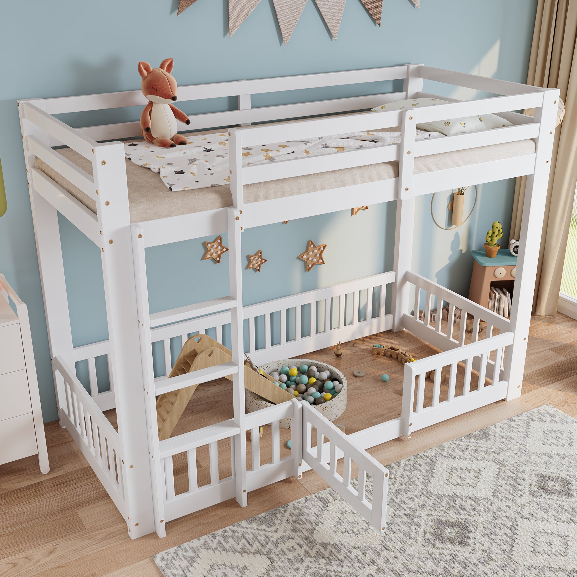 Bunk Bed, Wooden with Right-Angled Stairs, Railing, Fall Protection, White