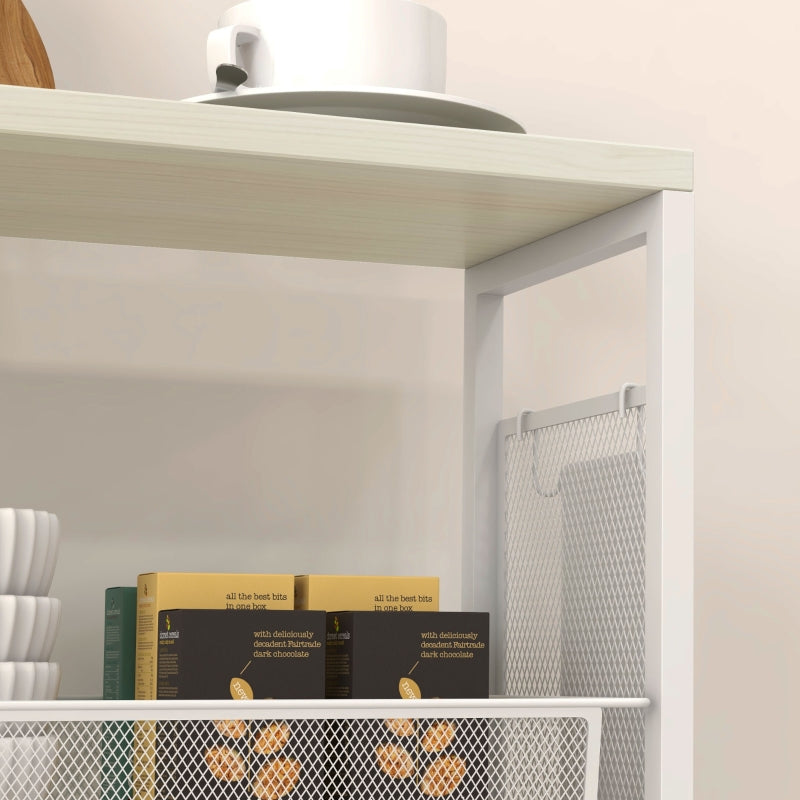 3-Tier Kitchen Cart with 3 Steel Wire Baskets, White