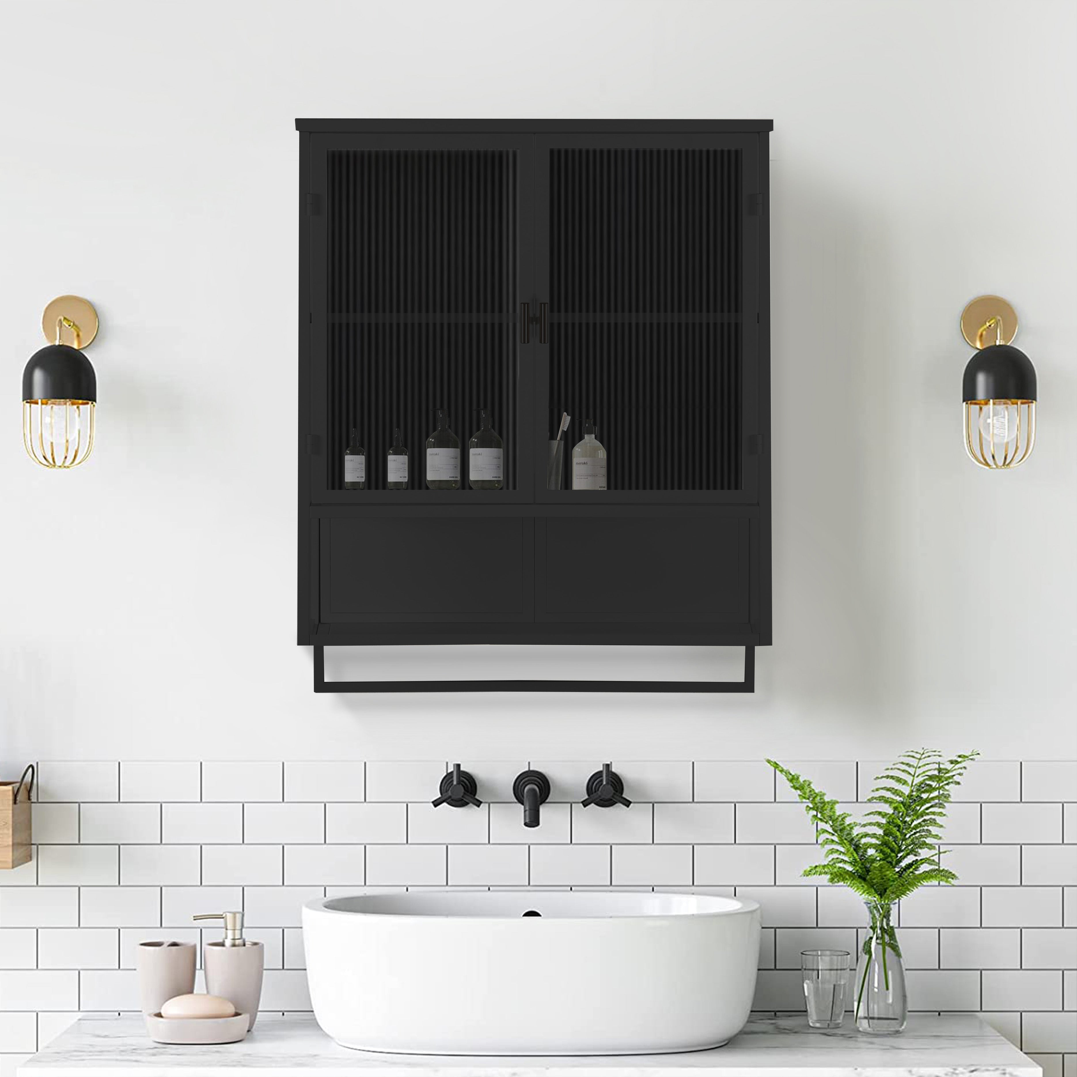 Wall Cabinet 60CM Glass Doors, Two-tier Storage, Open Shelf, Towel Rack, Black