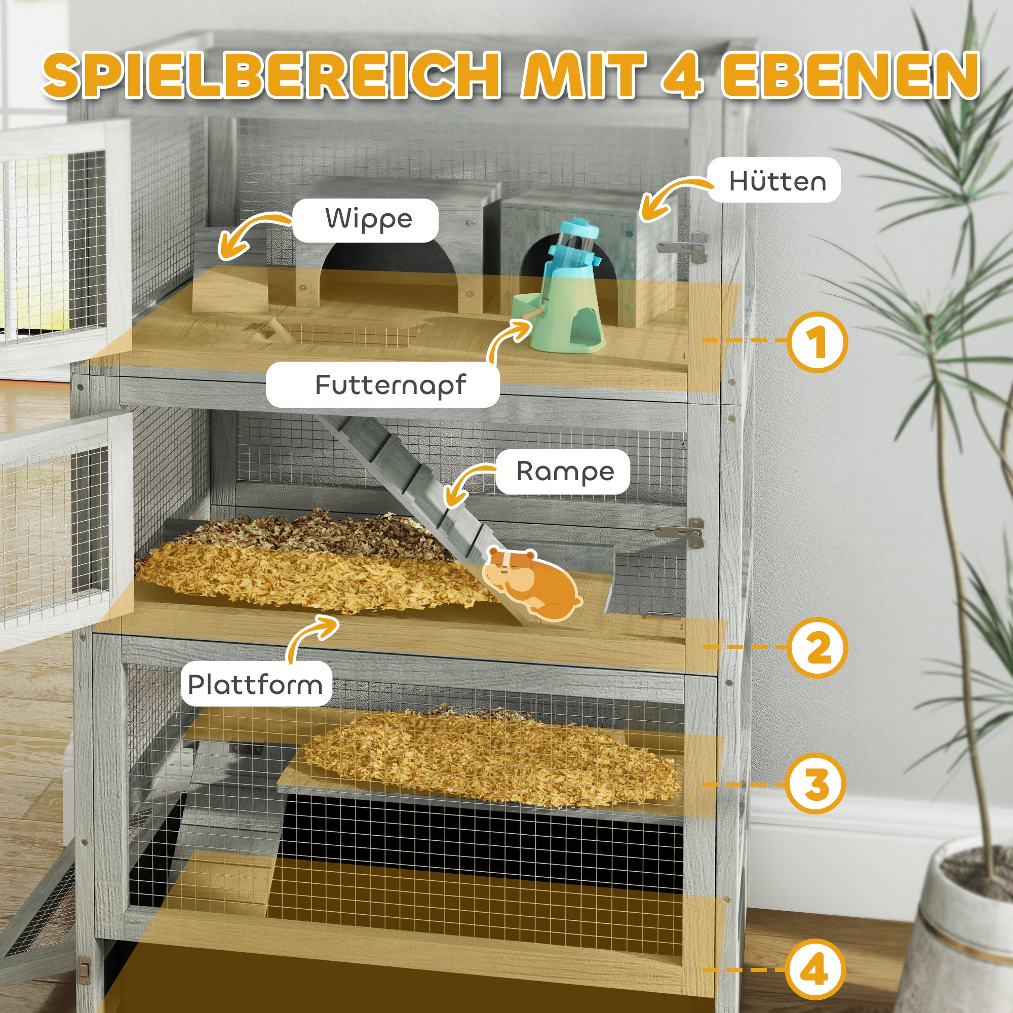 Wooden Dwarf Hamster Cage, 4-Tier with Huts, Food Bowls, Gray