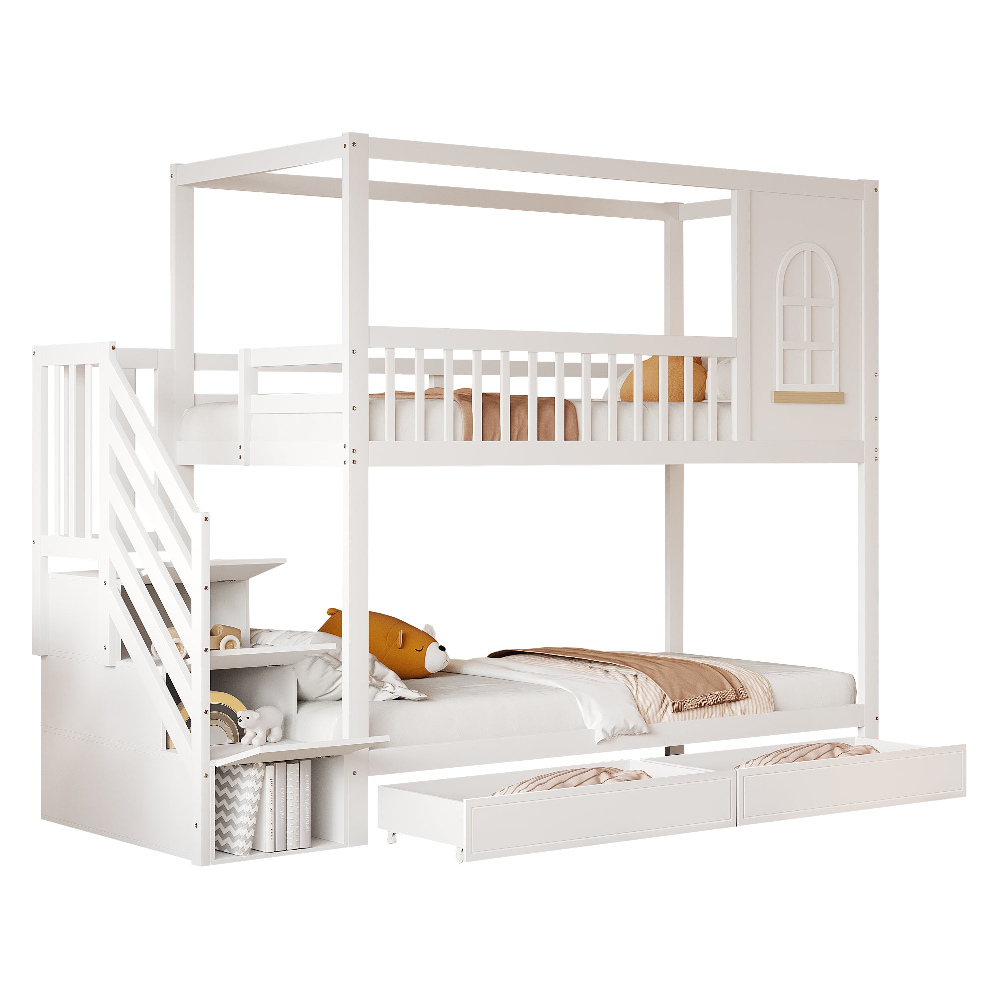 Bunk Bed Solid Wood 90x200cm House Shape with Drawers and Ladder, White