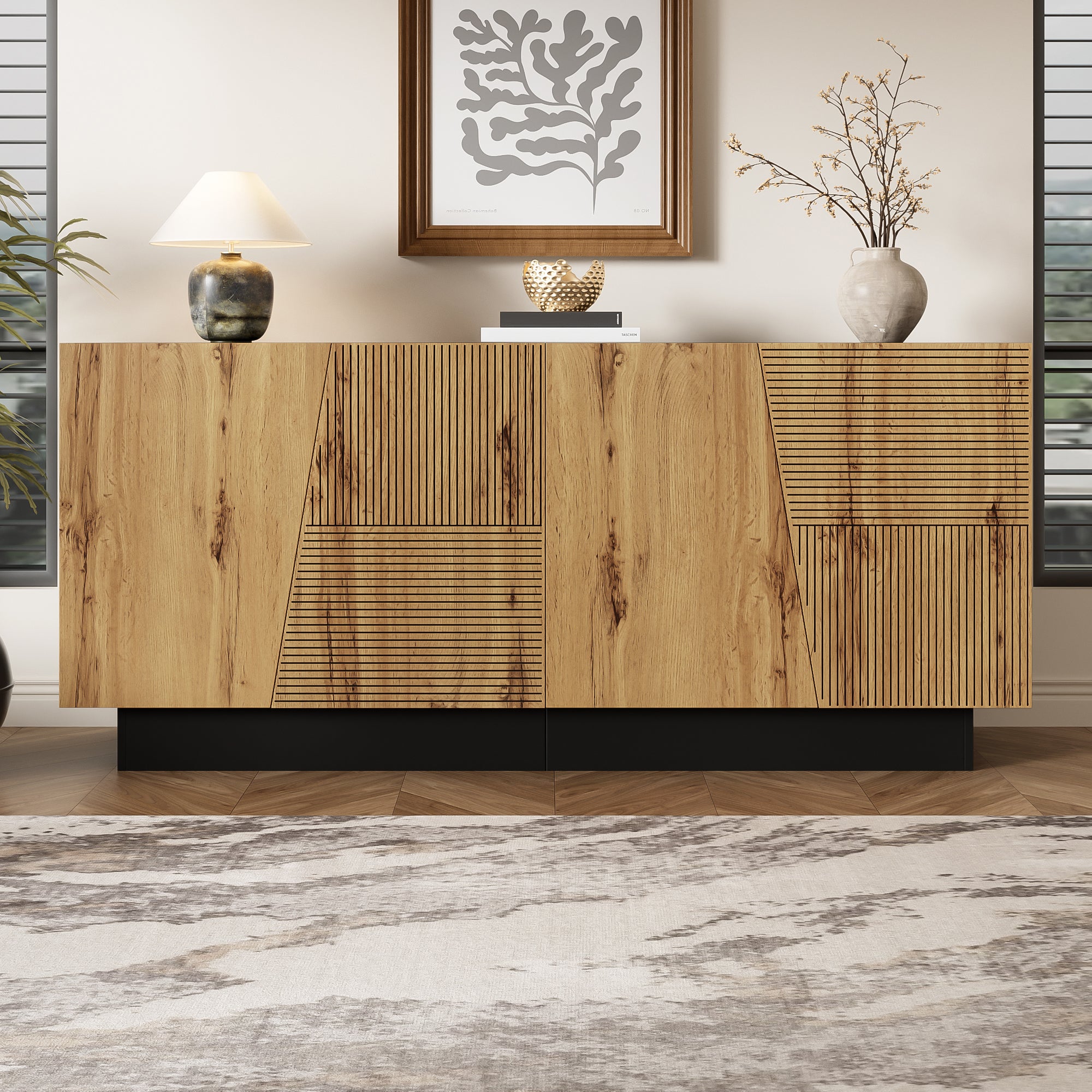 Sideboard 160cm, Ample Storage Geometric Design, Adjustable Shelf, Modern Finish