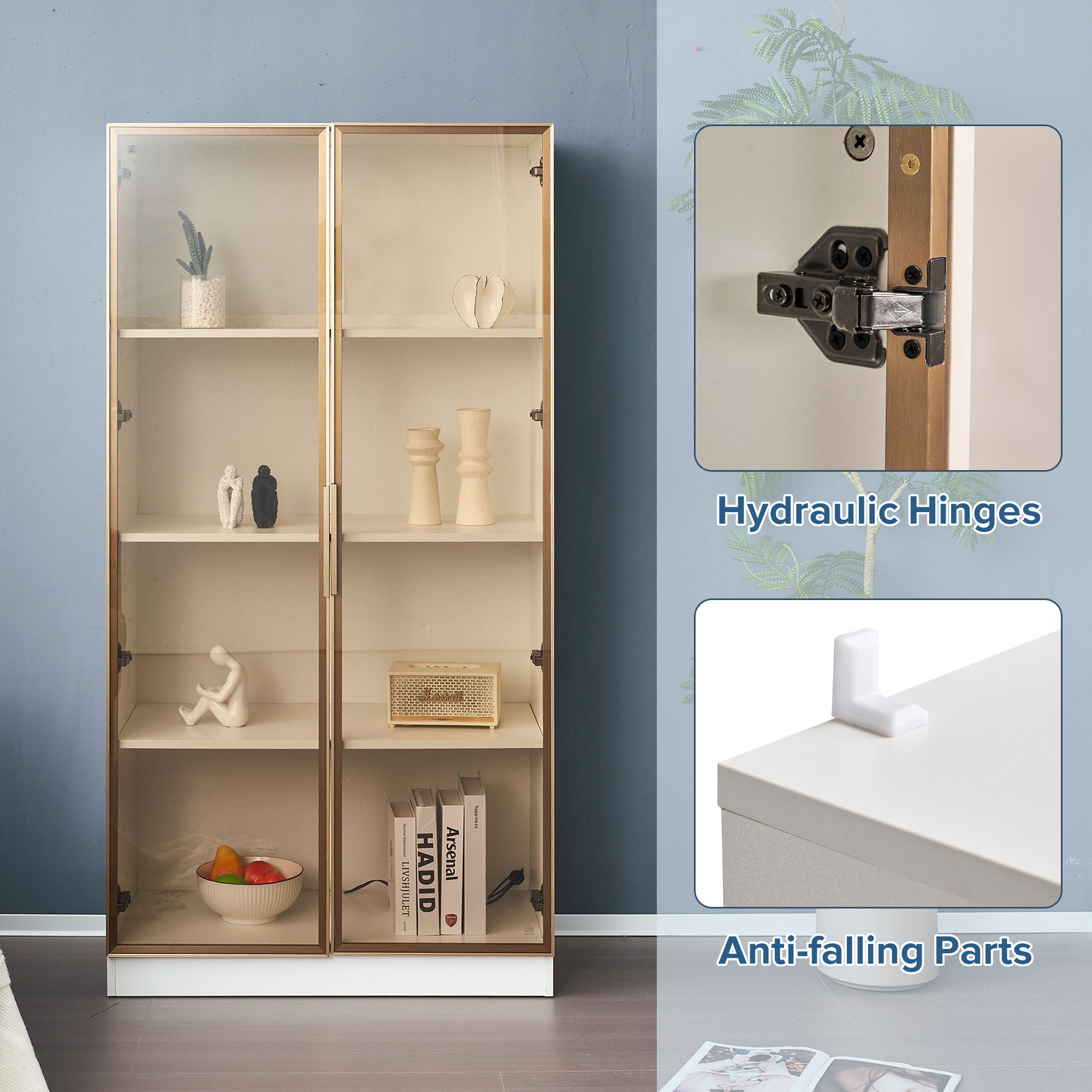 Glass Display Cabinet, Set of 2 with LED Lighting & Movable Shelves, White