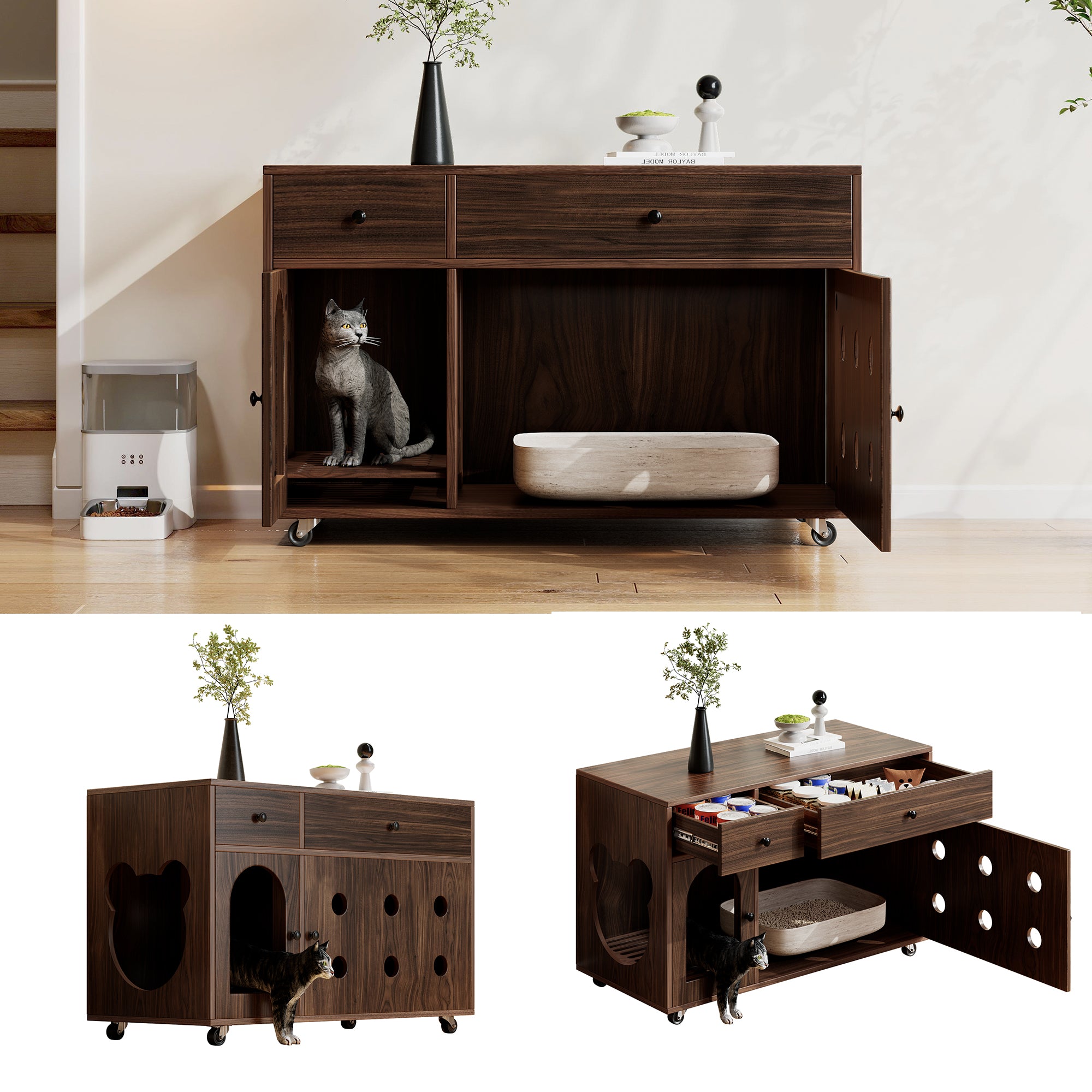 Cat Litter Box Cabinet Mobile Odor-Insulated Removable Sand Drain 100x45x66 cm - Walnut Color