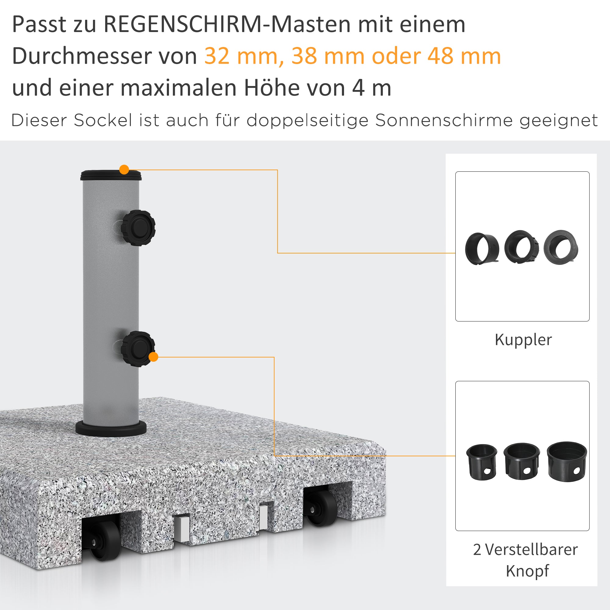 Granite Parasol Base, 28kg with Wheels, Pole Diameters 32/38/48mm, Grey