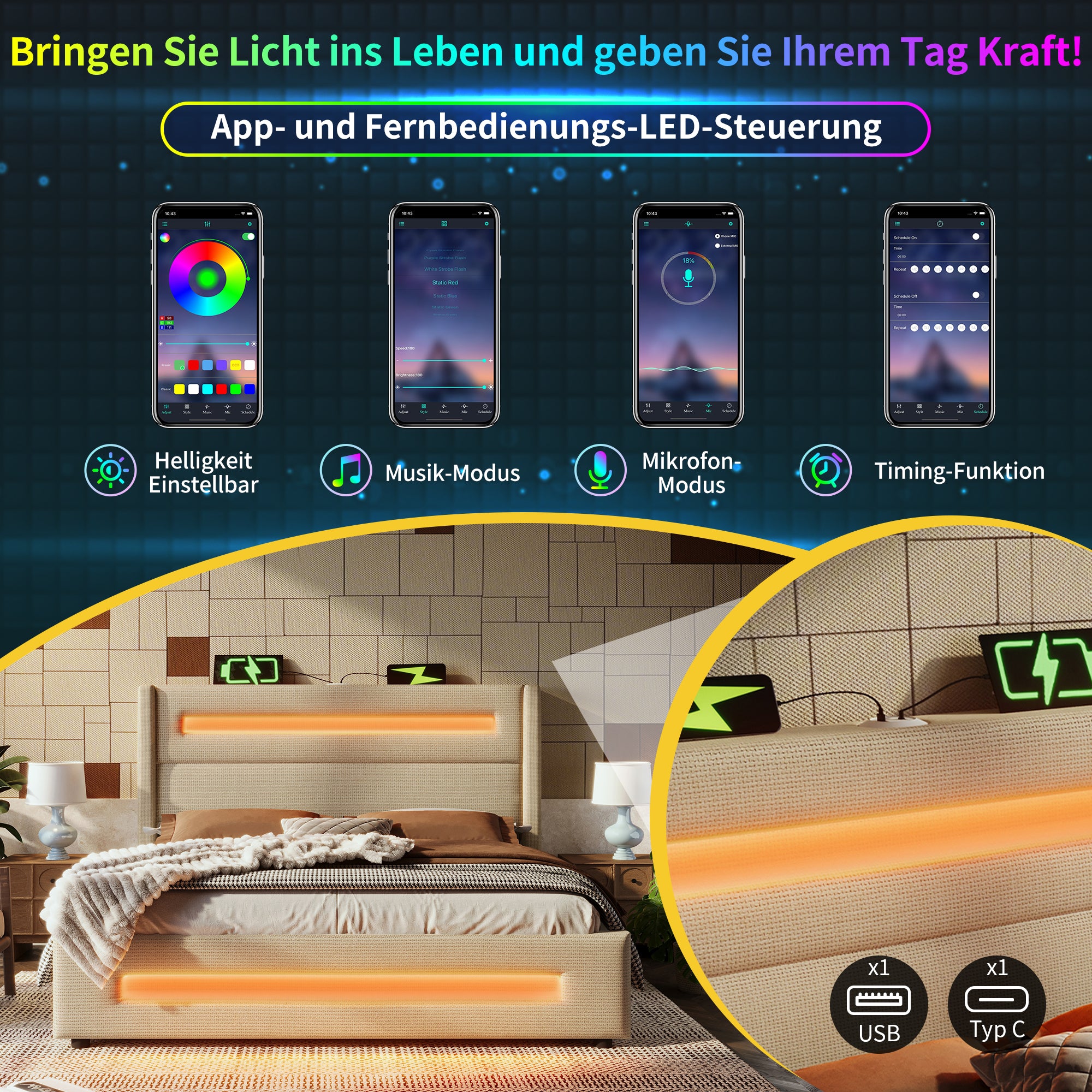 Upholstered Double Bed, 160x200 cm, LED, Hydraulic Storage, USB-C Charging, Metal Frame, Beige Linen