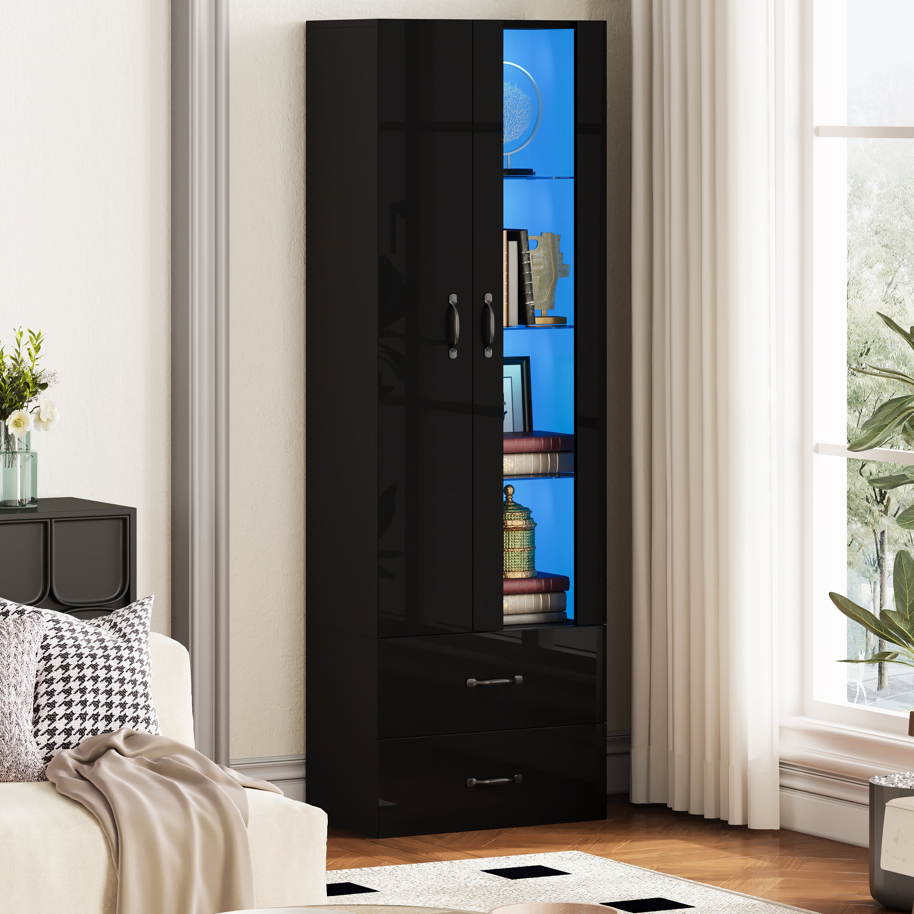Display Cabinet, LED-Illuminated, 2 Doors, Transparent Door, Black