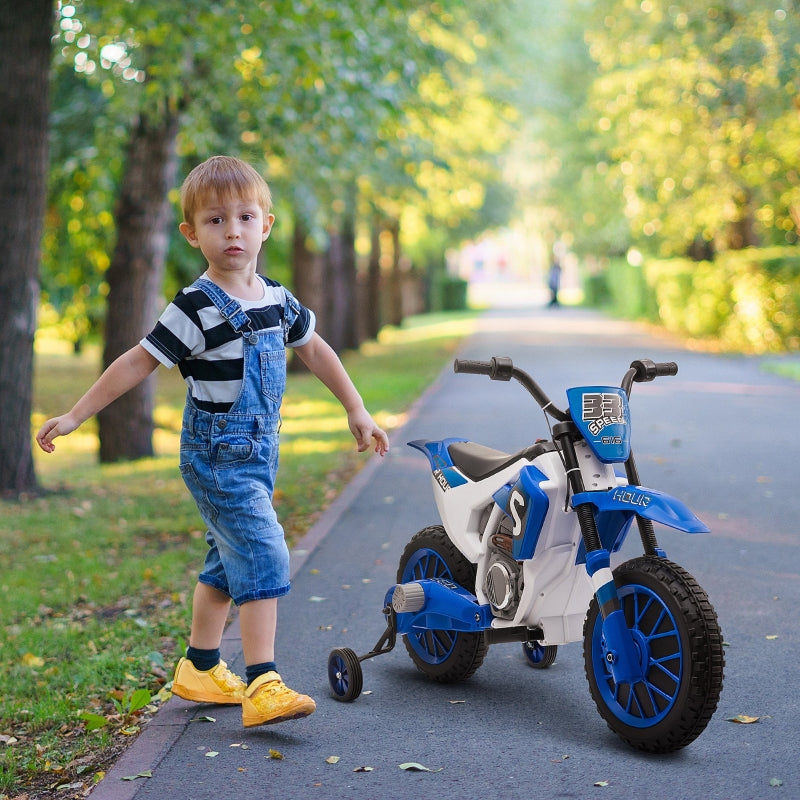 Children's Electric Motorcycle with Training Wheels and 45 Min Driving Time, Blue and White